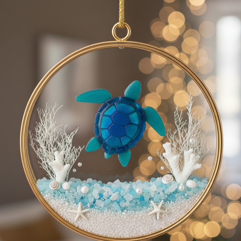 🐢🌊 Sea Glass Turtle Ornament – Handmade Coastal Gift for Holidays & Special Occasions 🎄🎁