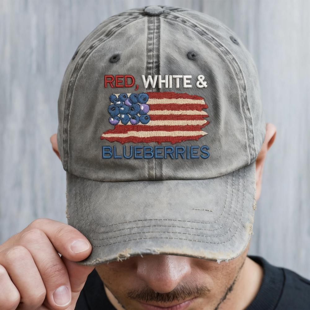 🇺🇸🎁 Embroidered Red White & Blueberries Freedom Hat – Perfect Memorial Gift for Holidays & Special Occasions – Honor Family & Country