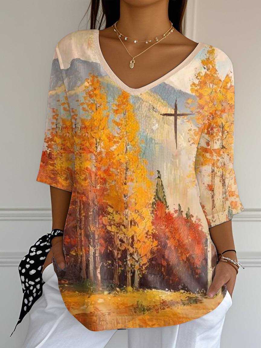 🌟 Cozy Autumn Landscape Oil Painting Tunic 🎁 Perfect Gift for Women - Elegant Holiday Present!