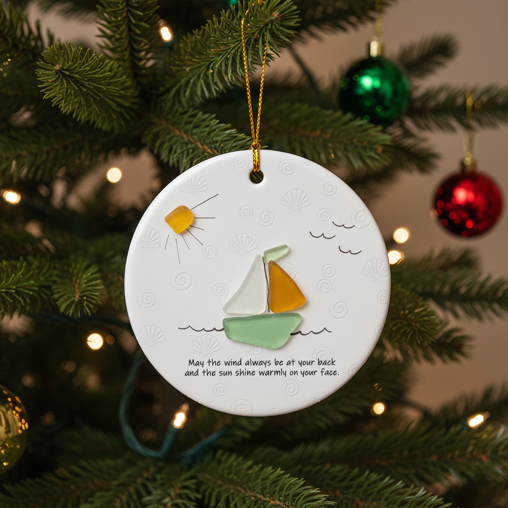 🌊✨ Sea Glass Sailboat Serenity Ornament – Perfect Holiday & Special Occasion Gift