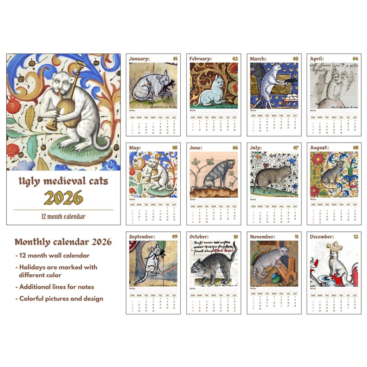 Ugly Medieval Cats 2026 Wall Calendar
