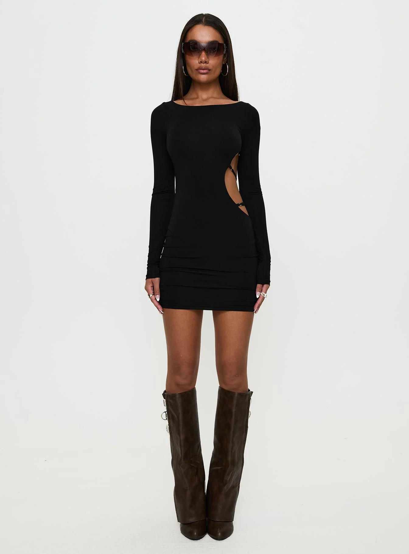 Rowin Long Sleeve Cut Out Mini Dress Black