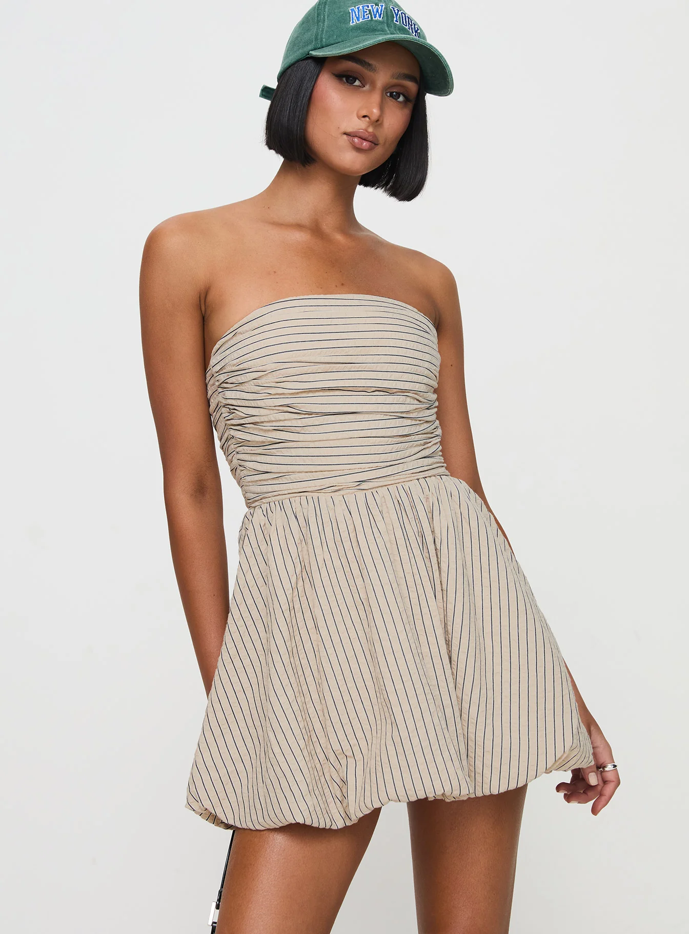 Quinette Strapless Bubble Hem Mini Dress Beige Stripe