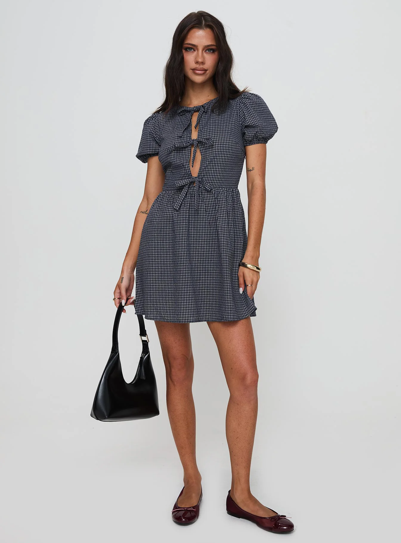 Nurture Bow Mini Dress Navy Check