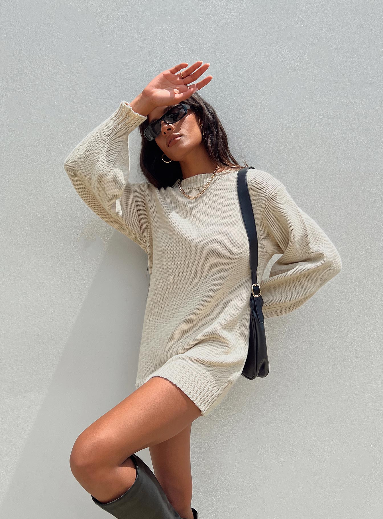 Harmony Balloon Sleeve Knit Mini Dress Beige