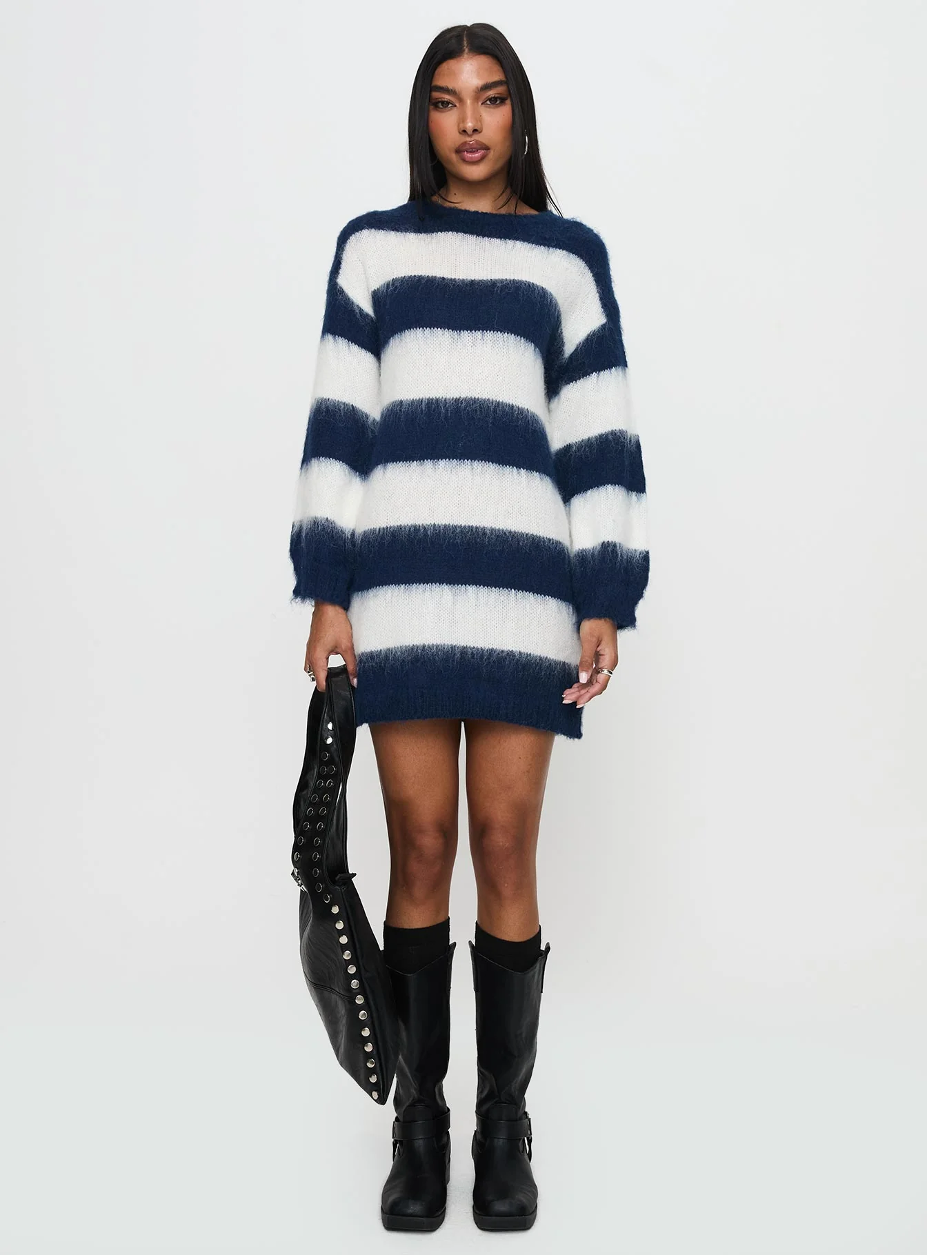 Iryna Long Sleeve Knit Mini Dress Navy / White Stripe