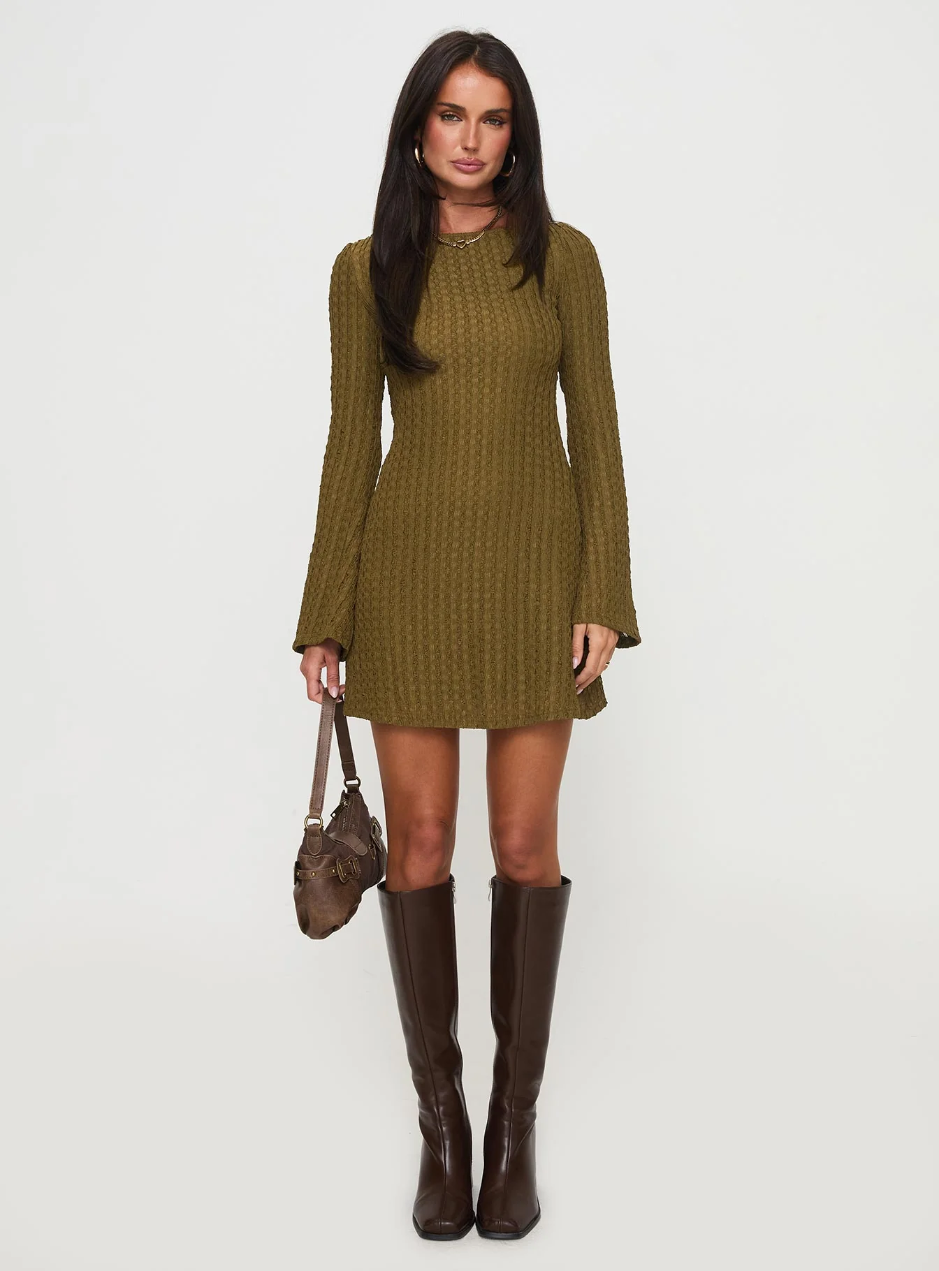 Lukea Long Sleeve Ribbed Mini Dress Olive