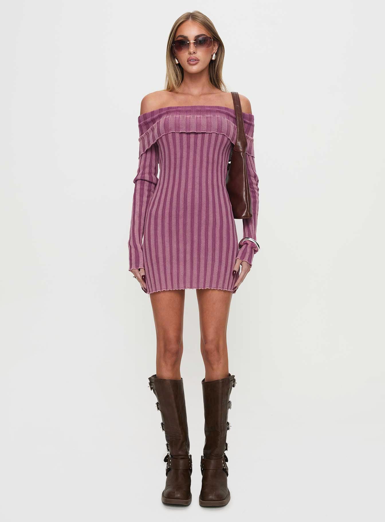 Kalesie Long Sleeve Rib Mini Dress Pink
