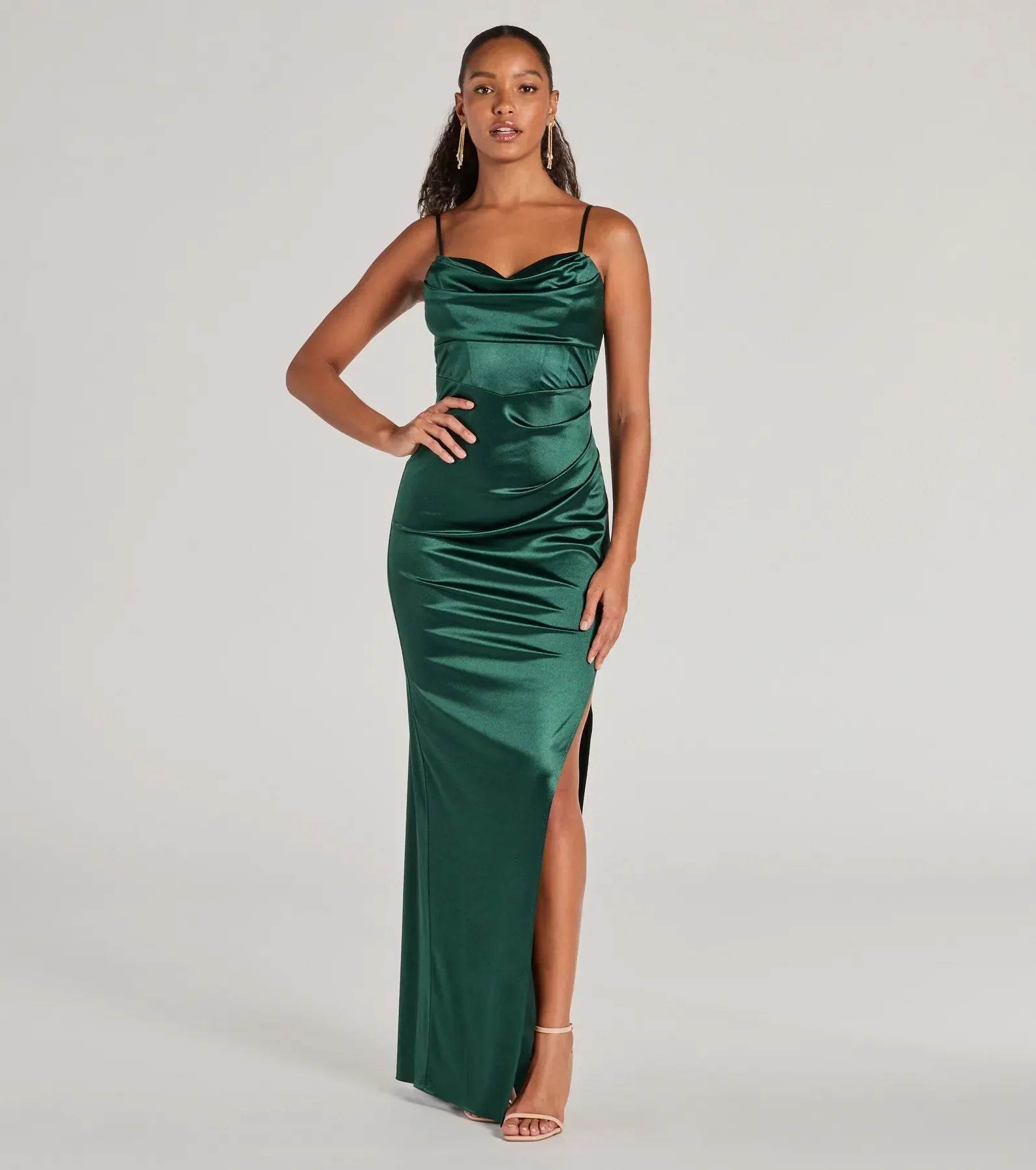 Iliana Cowl Neck High Slit Satin Column Dress