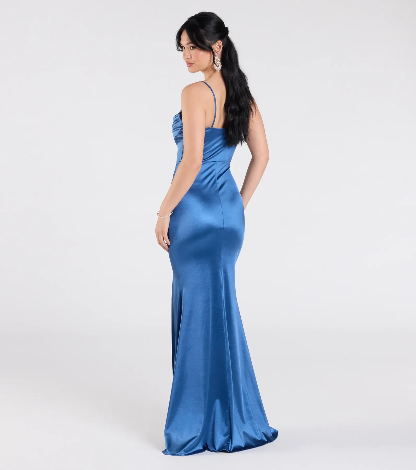 Jazmine Cowl Neck Slit A-Line Satin Formal Dress