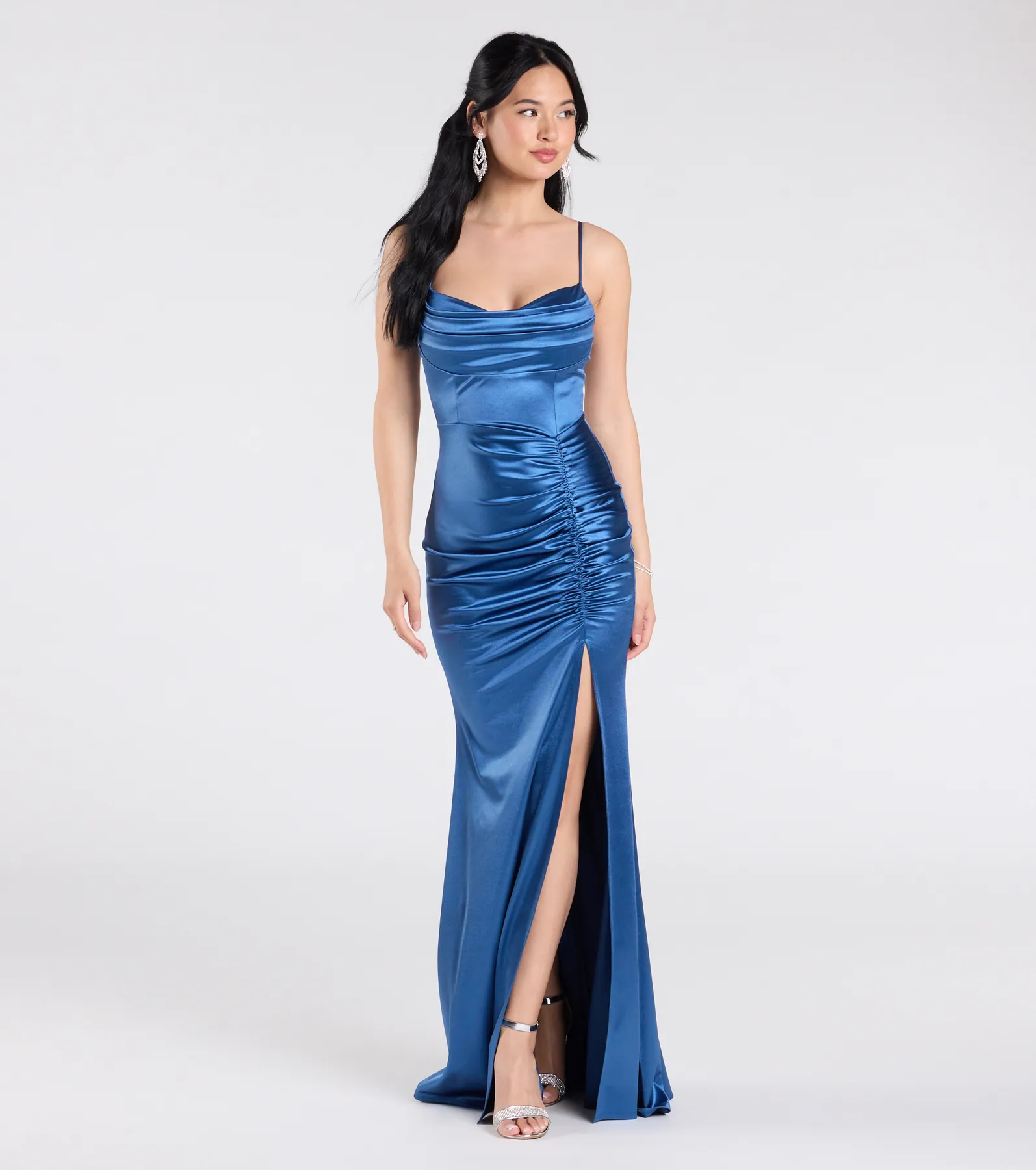 Jazmine Cowl Neck Slit A-Line Satin Formal Dress