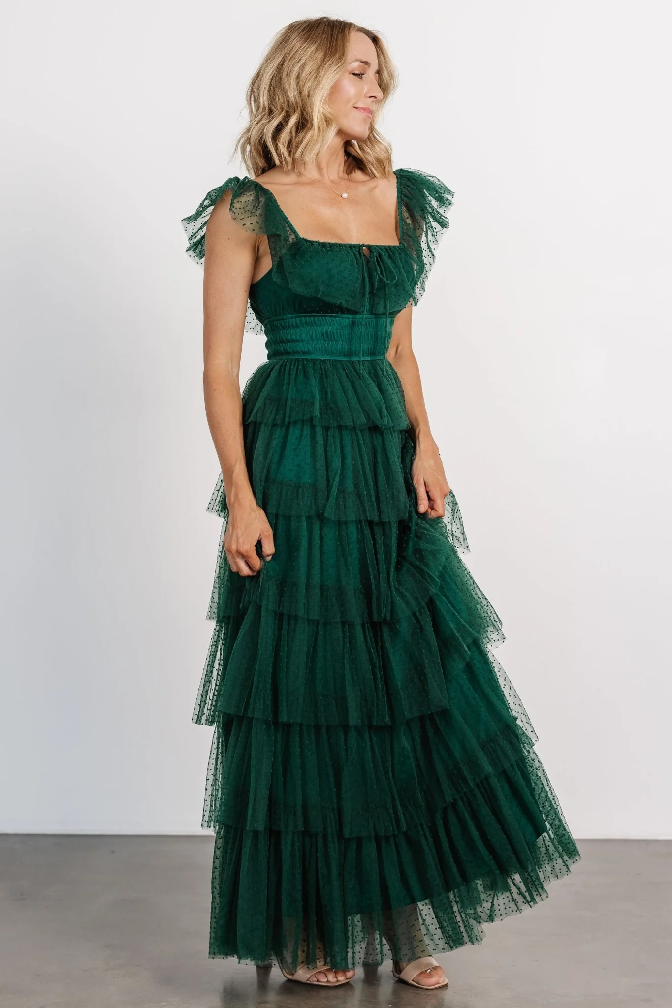 Valora Swiss Dot Tulle Maxi Dress | Dark Green