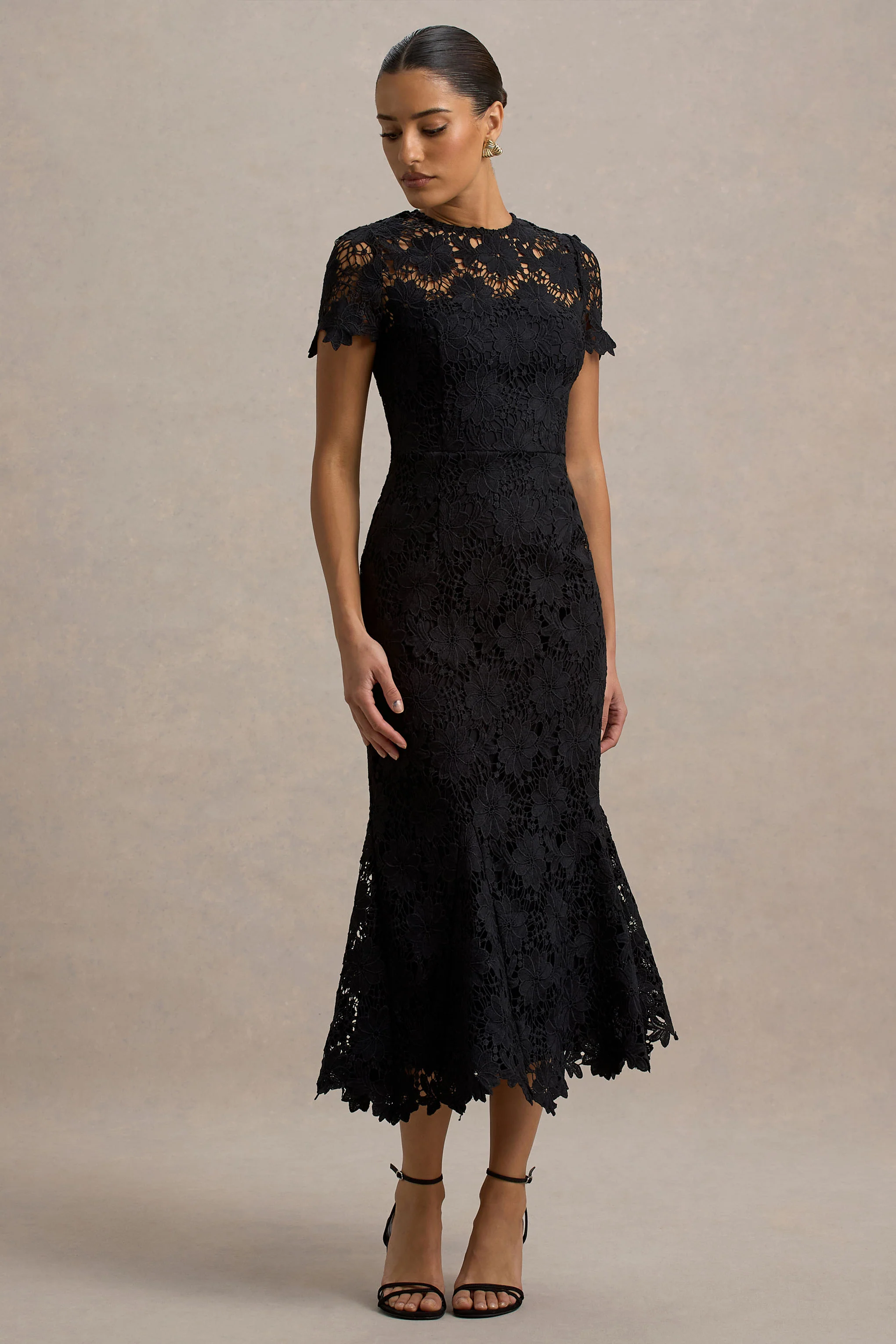 Clarissa | Black Lace Short-Sleeve Pleated Midi Dress