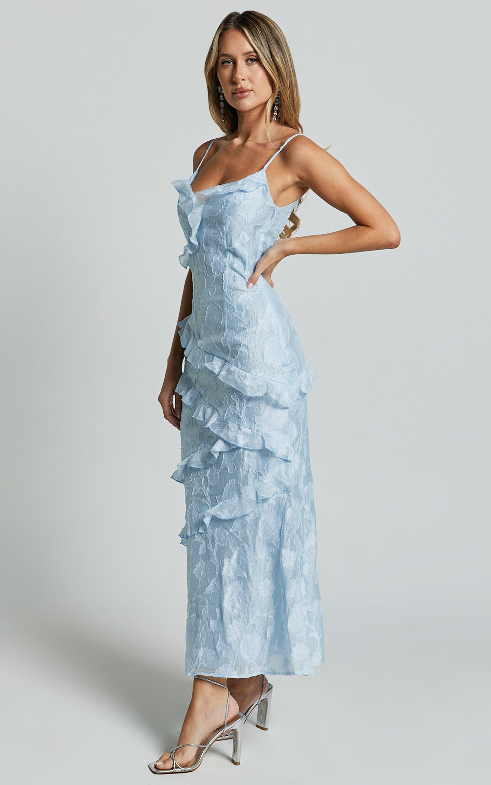 Michaela Midi Dress - Jacquard Ruffle Detail Tiered Dress in Light Blue