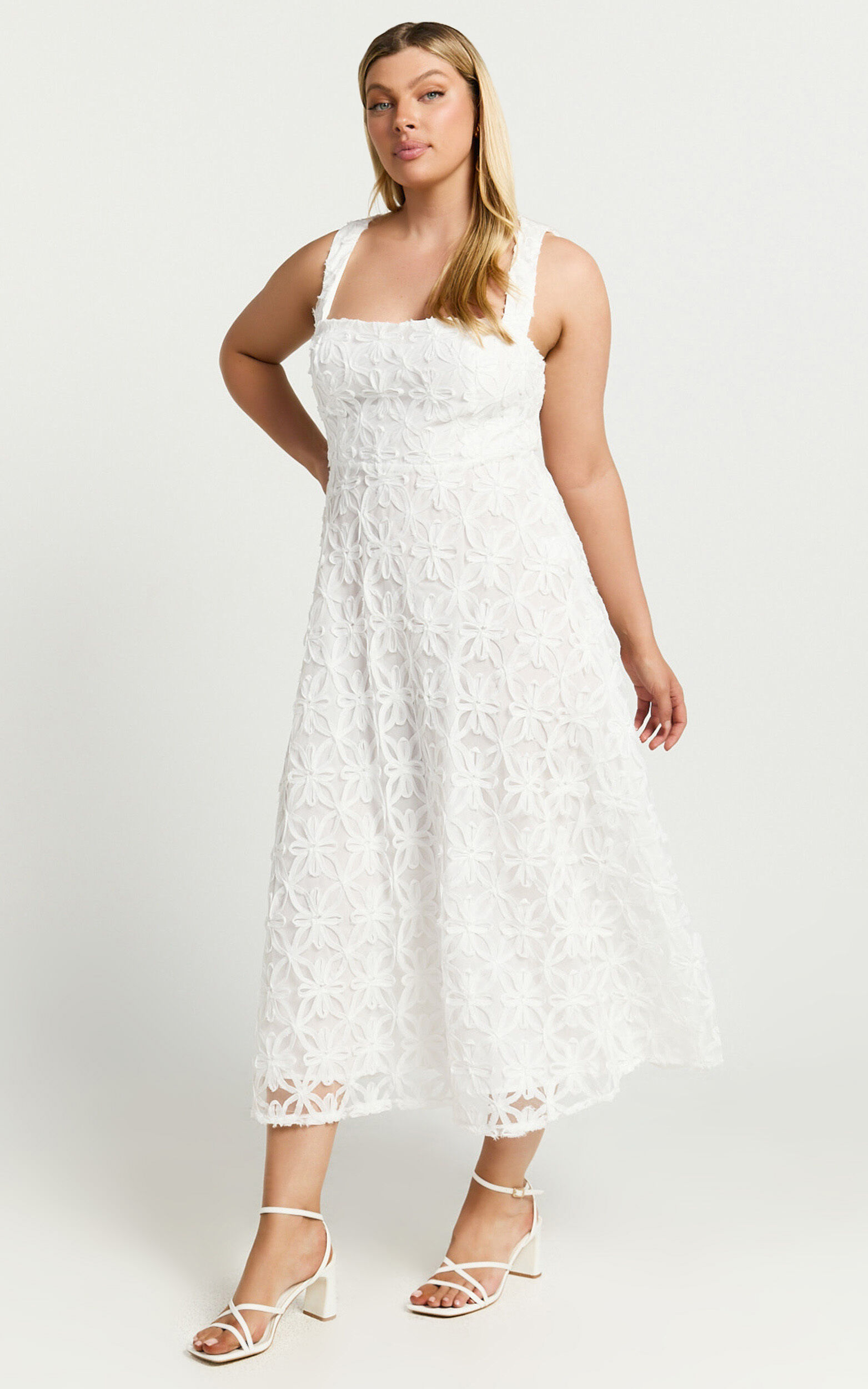 Clarissa Midi Dress - Square Neck Open Back A Line Dress in White