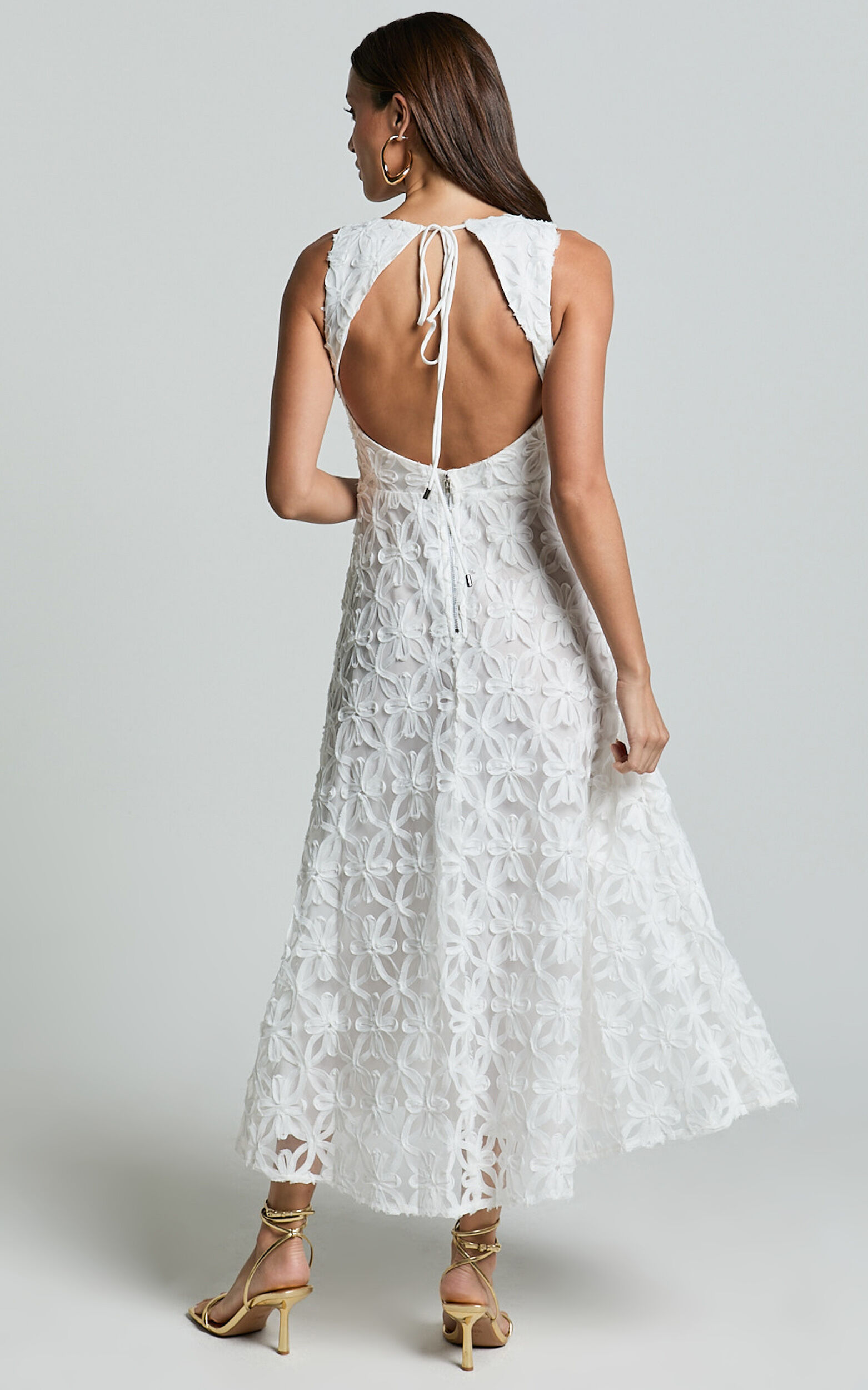 Clarissa Midi Dress - Square Neck Open Back A Line Dress in White