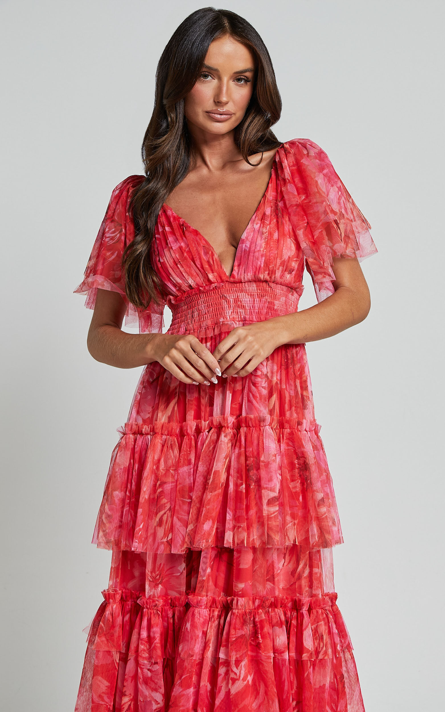 Leianna Midi Dress - Tulle Flutter Sleeve Tiered Ruffle Dress in Sunset Floral