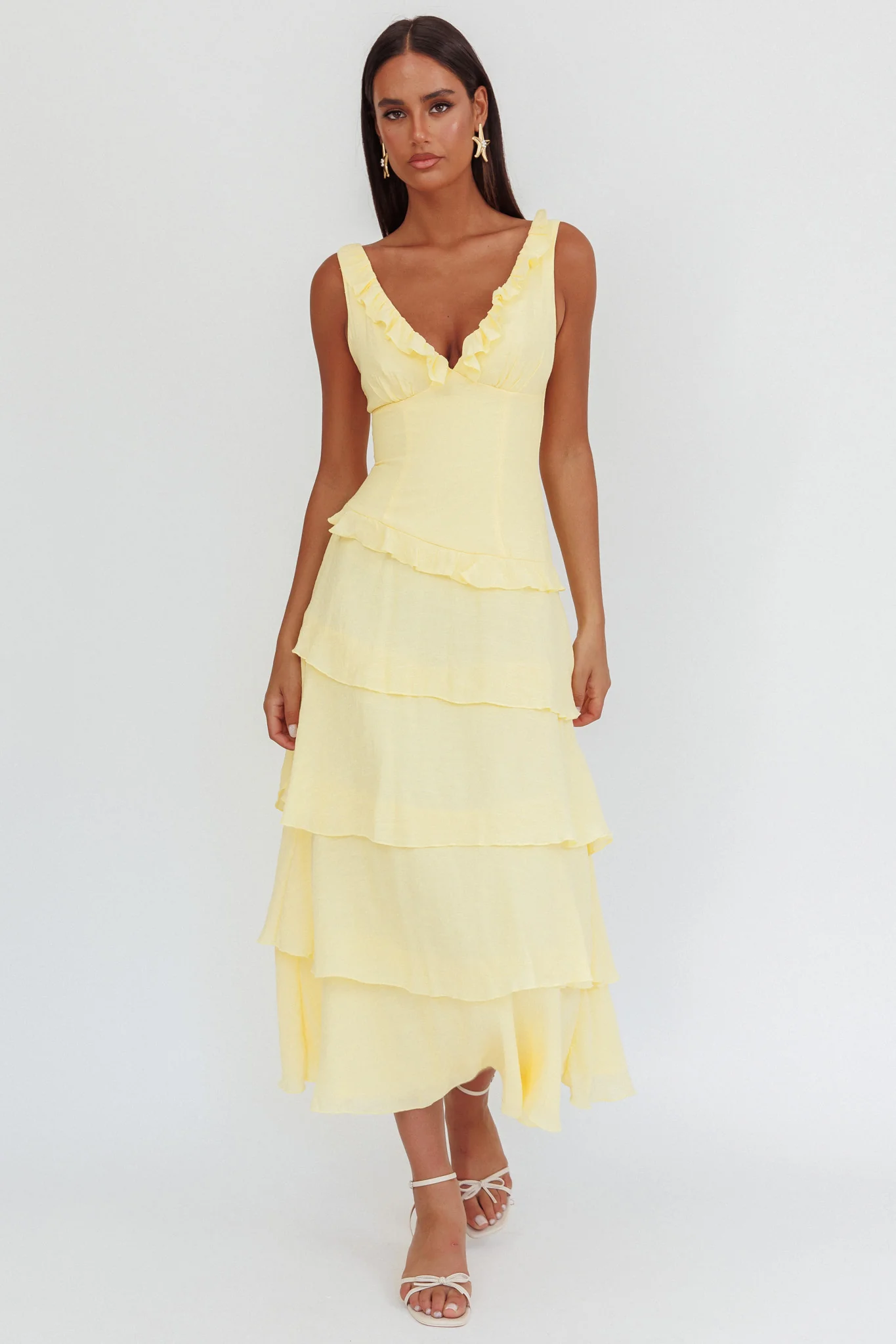 Khlara V-Neck Frill Trim Maxi Dress Butter