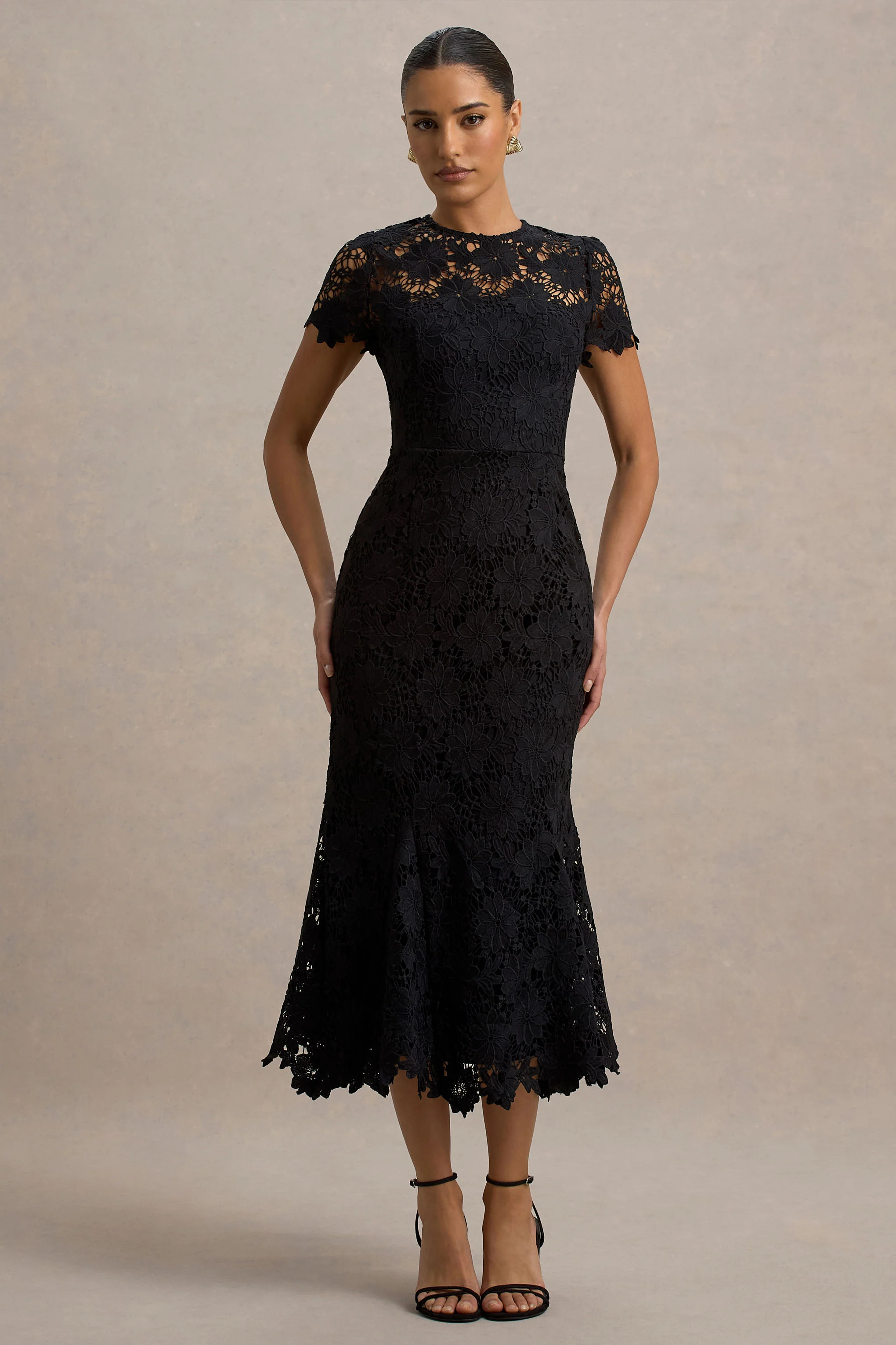 Clarissa | Black Lace Short-Sleeve Pleated Midi Dress