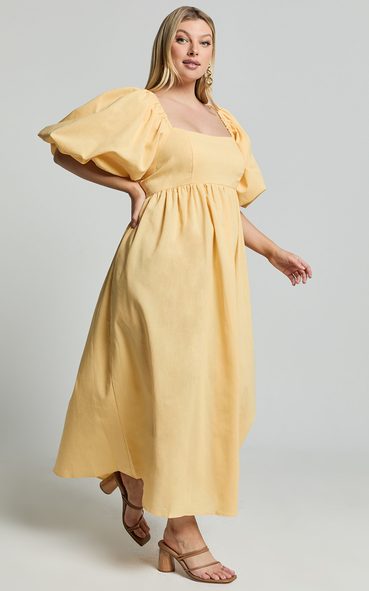 Cenia Midi Dress - Linen Straight Neck Shirred Back Puff Sleeve Dress in Lemon