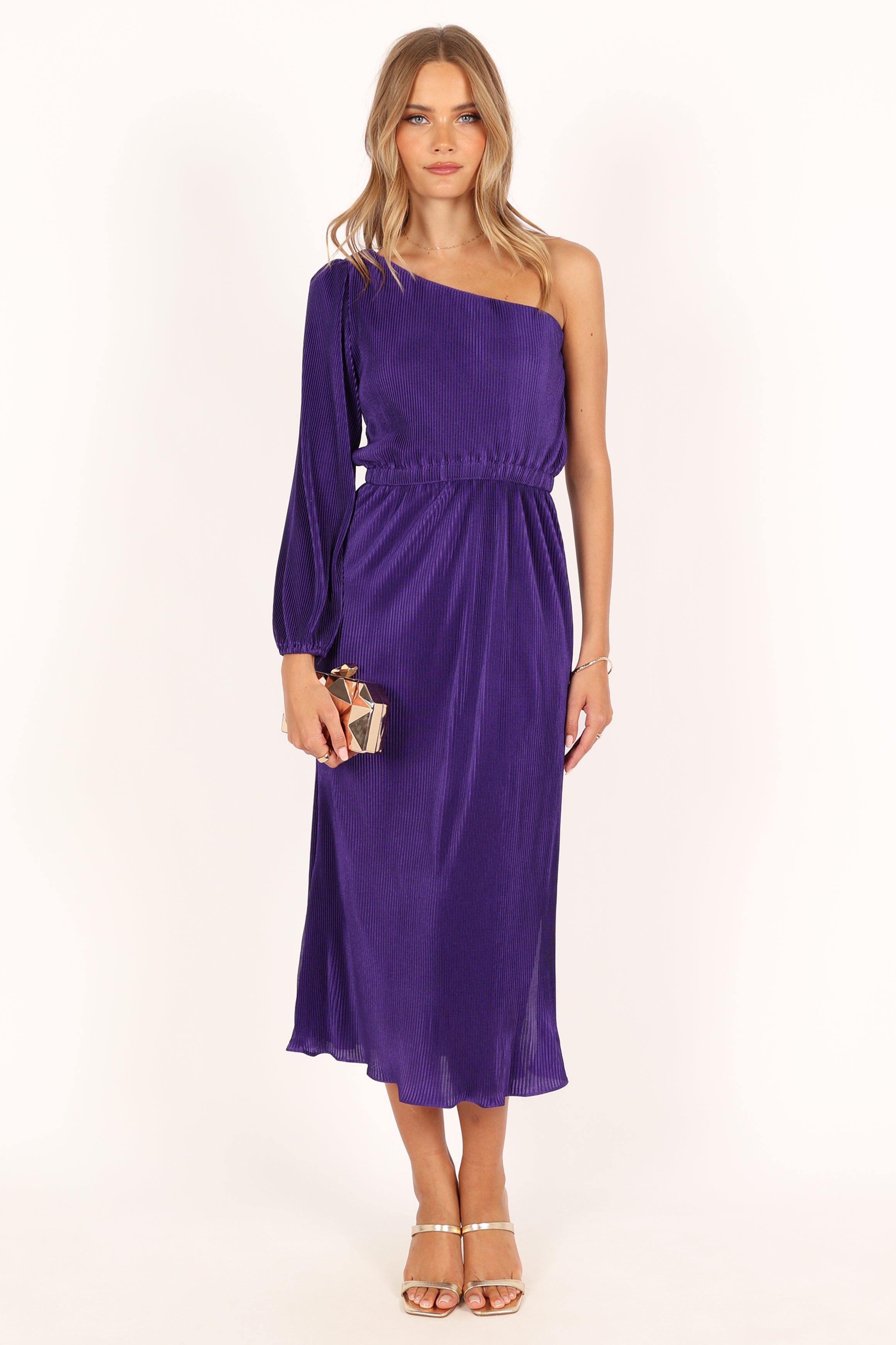 Pontee One Shoulder Pleated Midi Dress - Purple