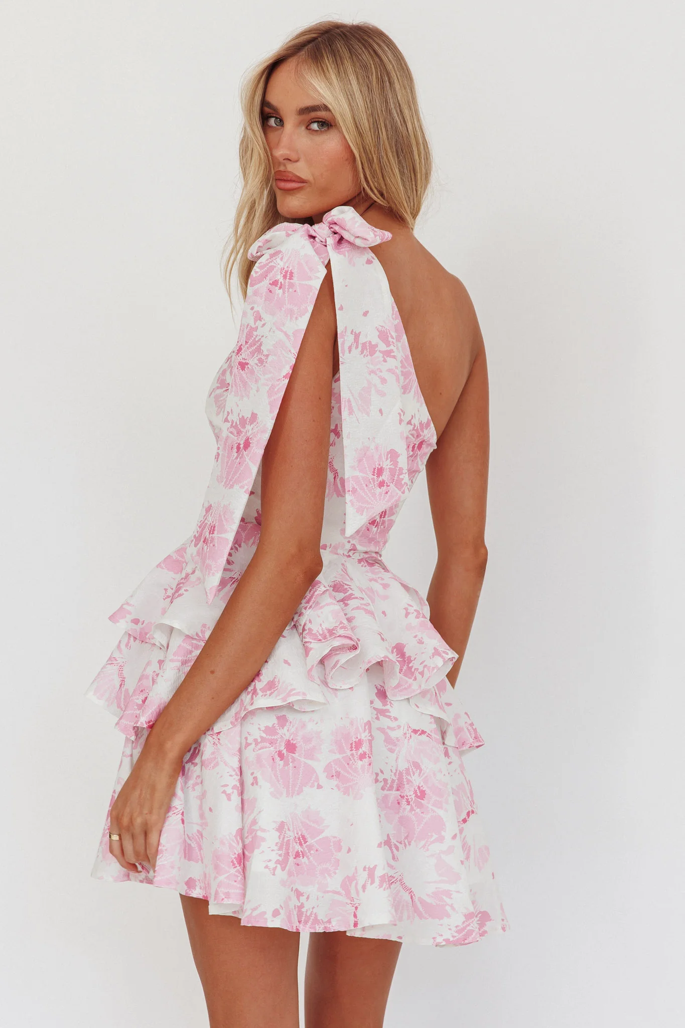 Like Me One-Shoulder Layered Mini Dress Floral Pink