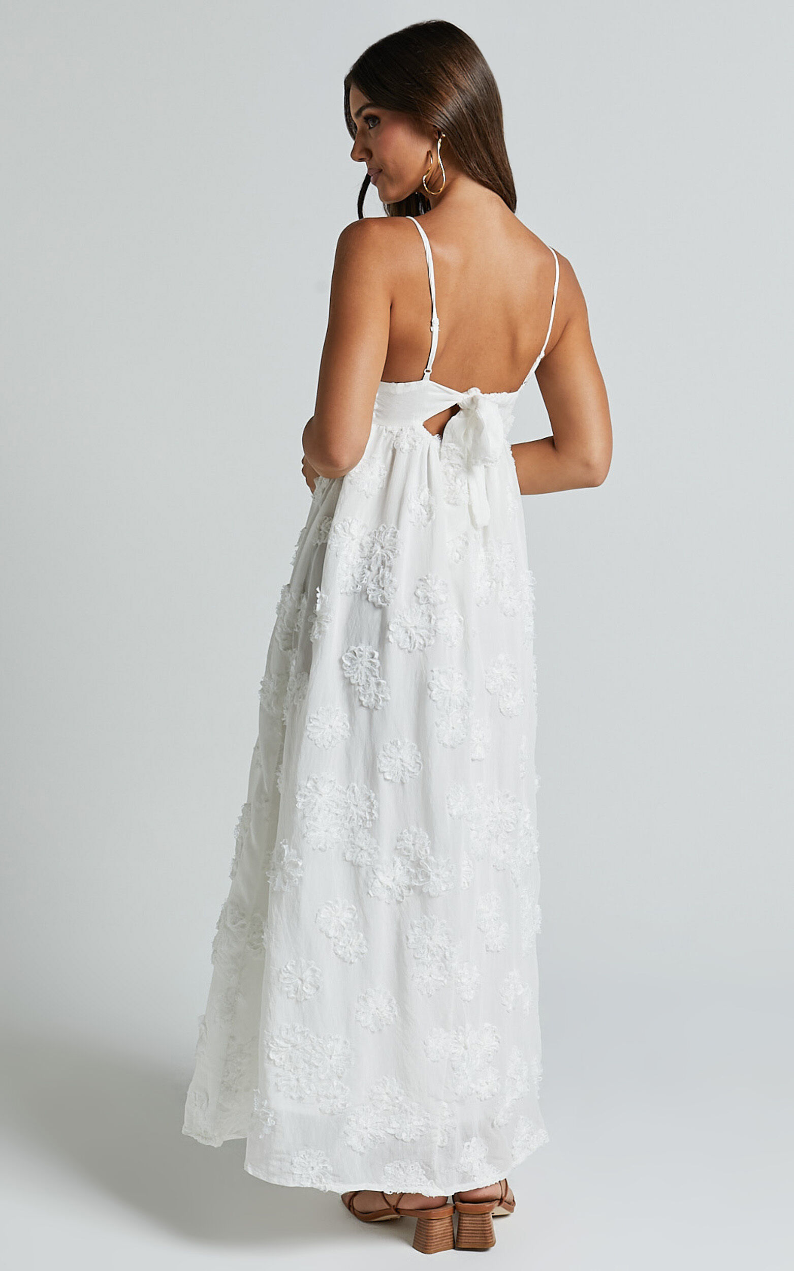 Claya Maxi Dress - Sleeveless Straight Neckline Floral Detail Dress in White Embroidery