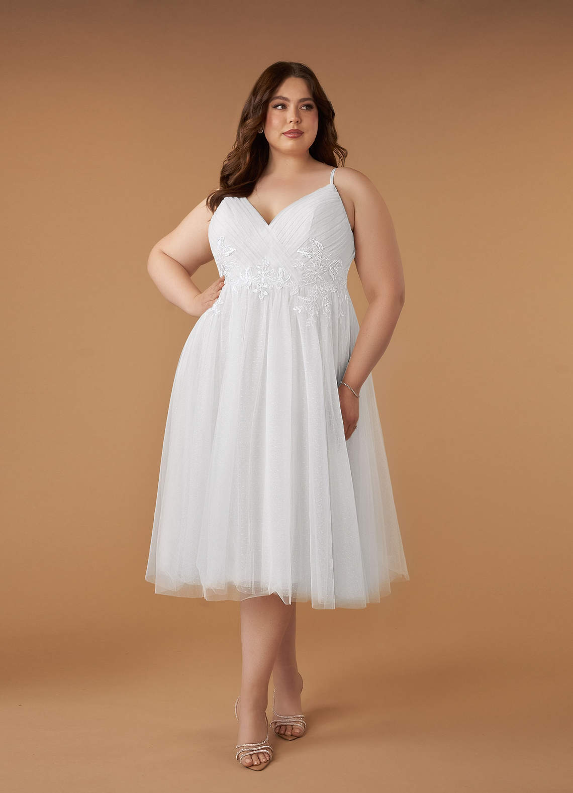 Diamond White A-Line V-Neck Sequins Tulle Dress