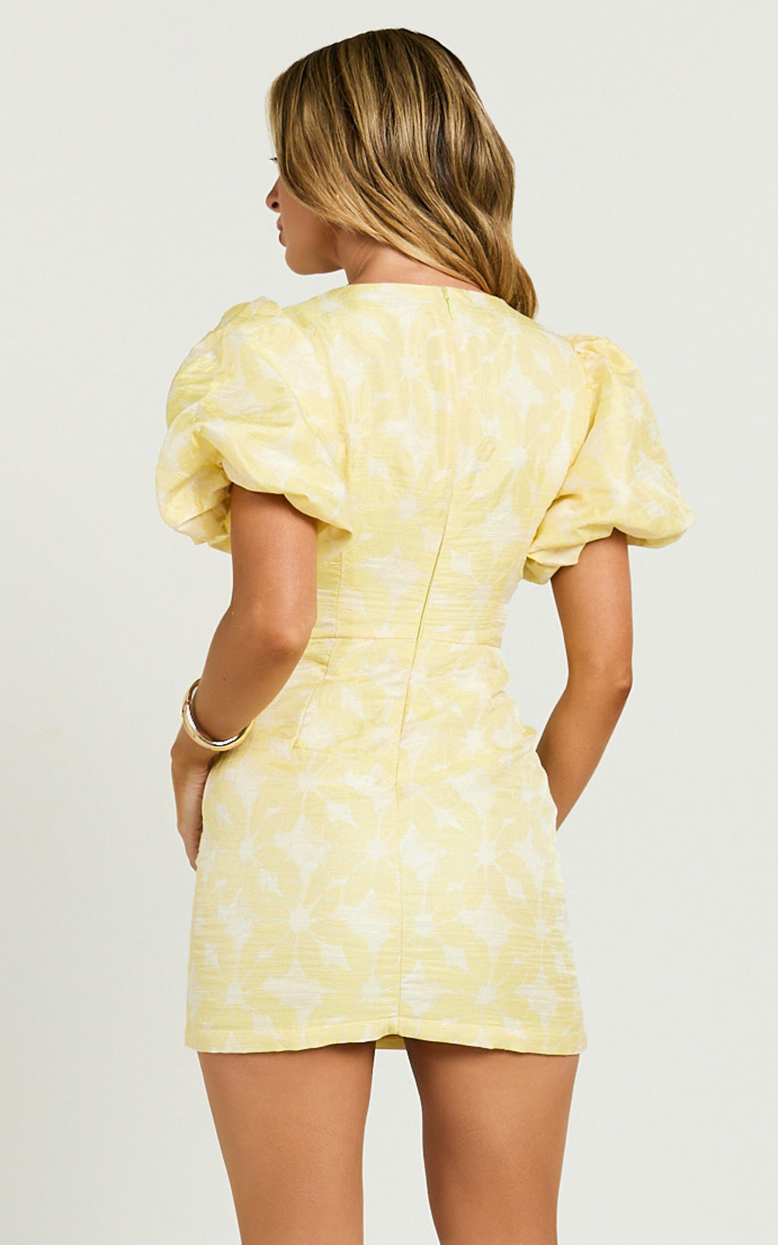Diana Mini Dress - Jacquard Short Sleeve Cut Out Dress in Lemon
