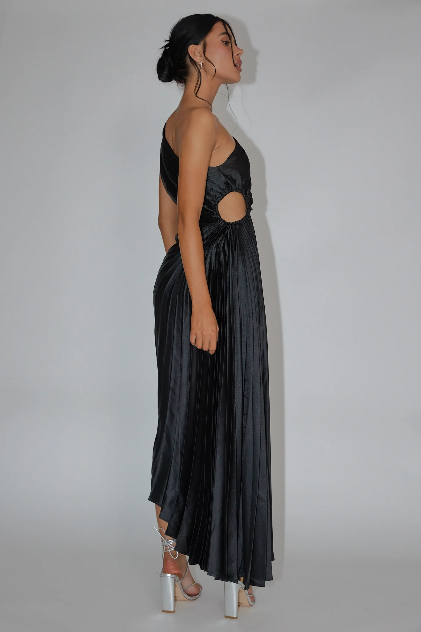 Brooklynn One-Shoulder Accordion Pleat Dress Black