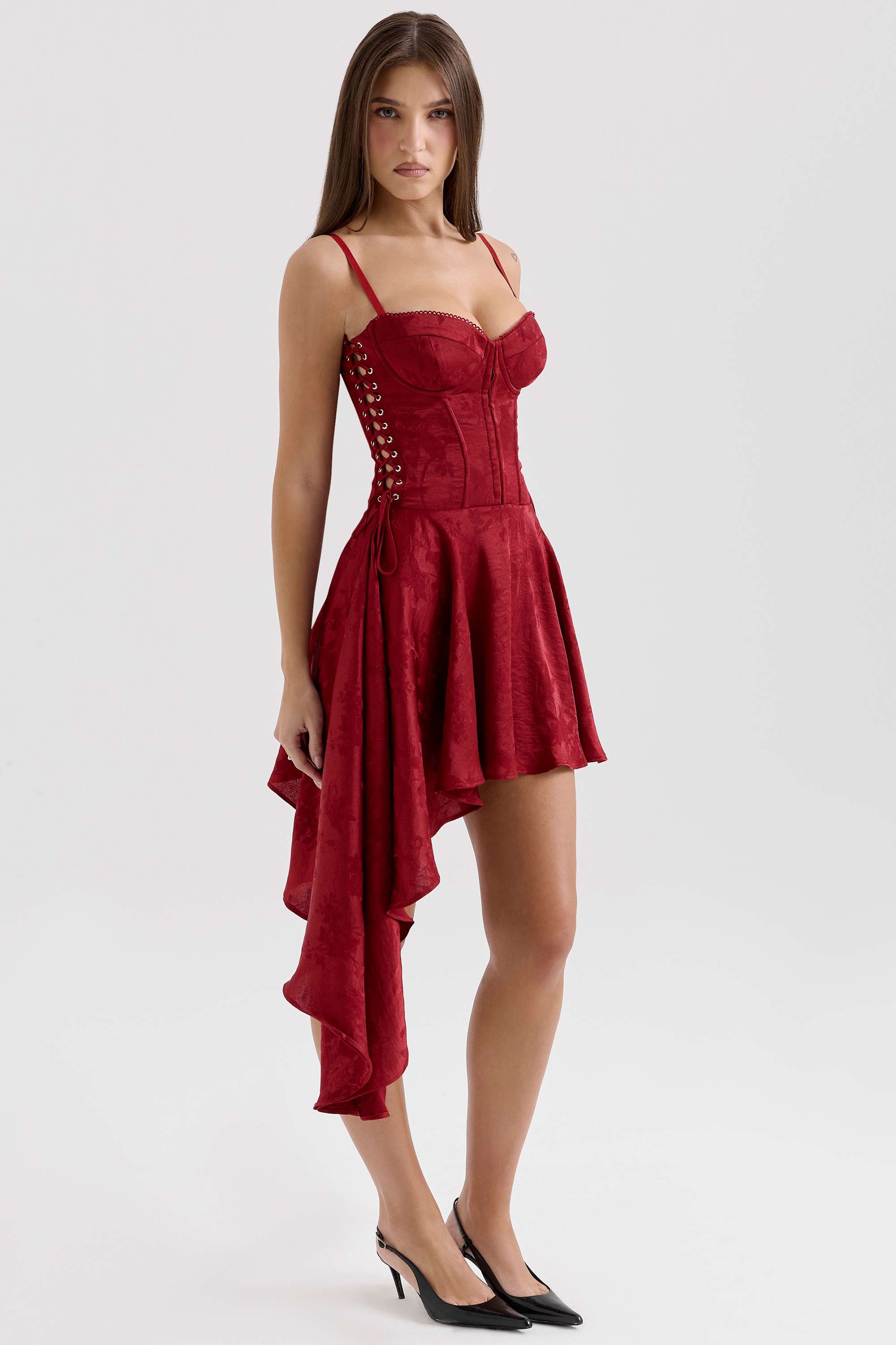 Wine Jacquard Satin Draped Mini Dress
