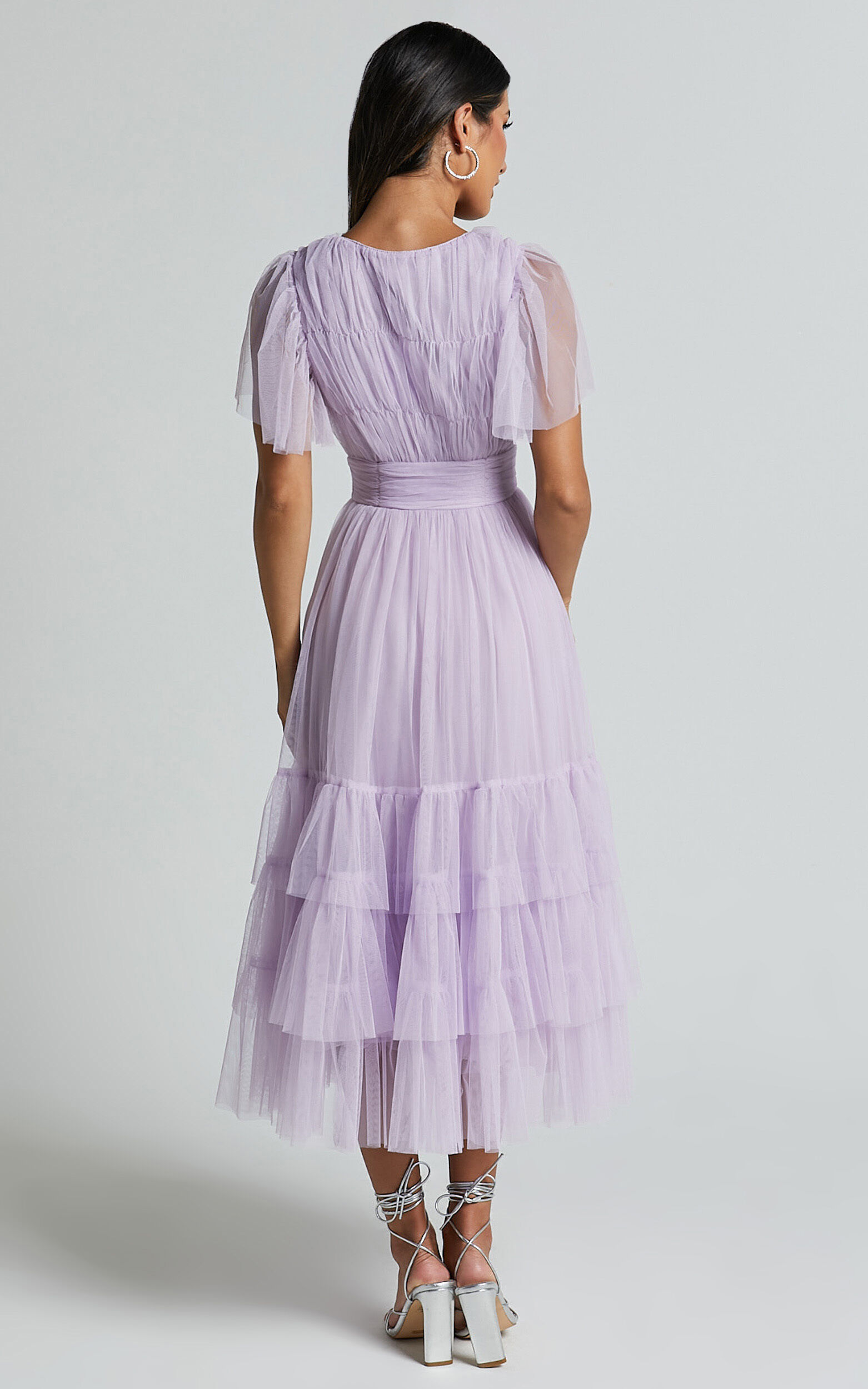 Jiraye Midi Dress - Flutter Sleeve Tuelle Plunge Dress in Lilac