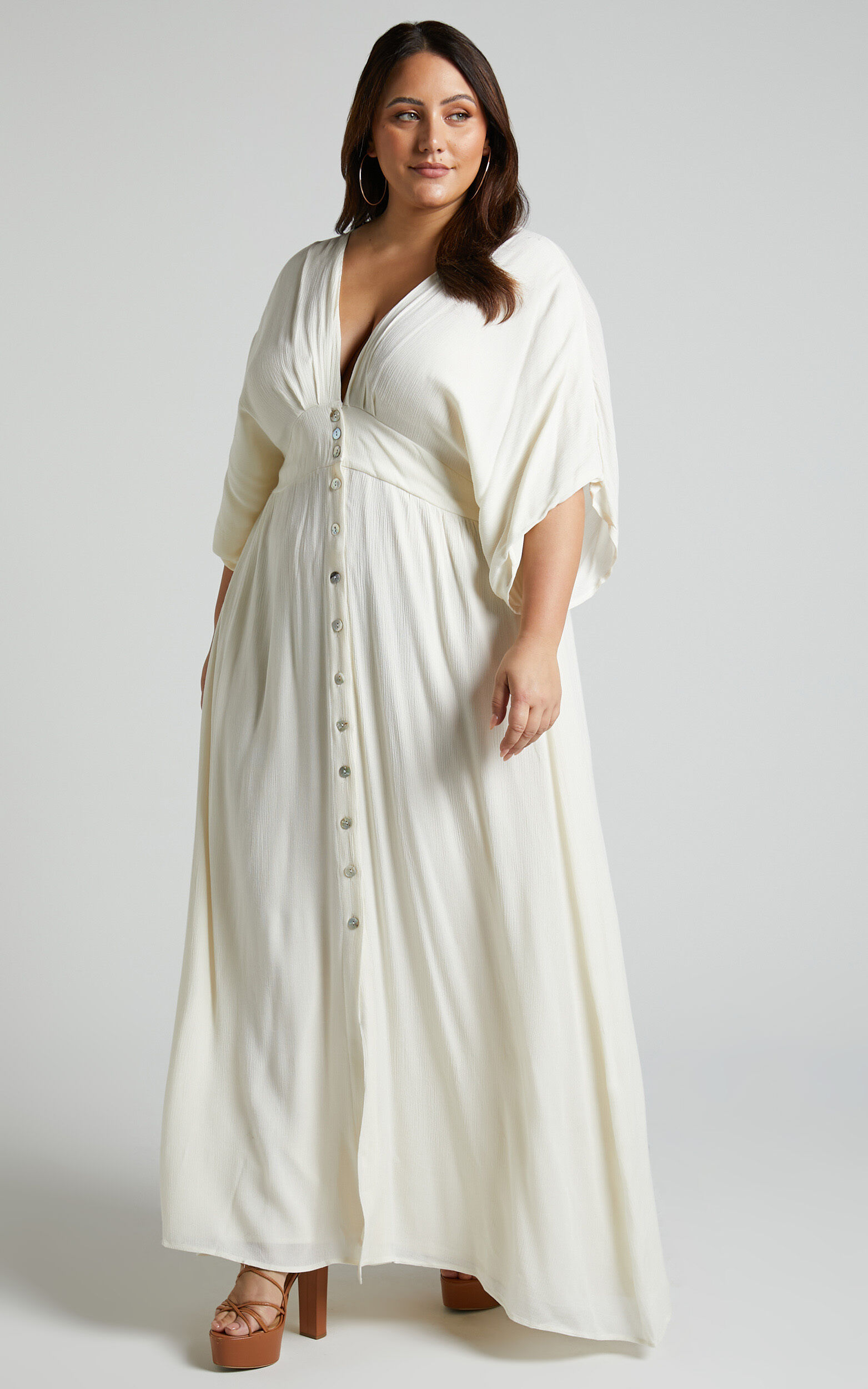 Sitting Pretty Maxi Dress - Short Sleeve Button Down Dress in Natural