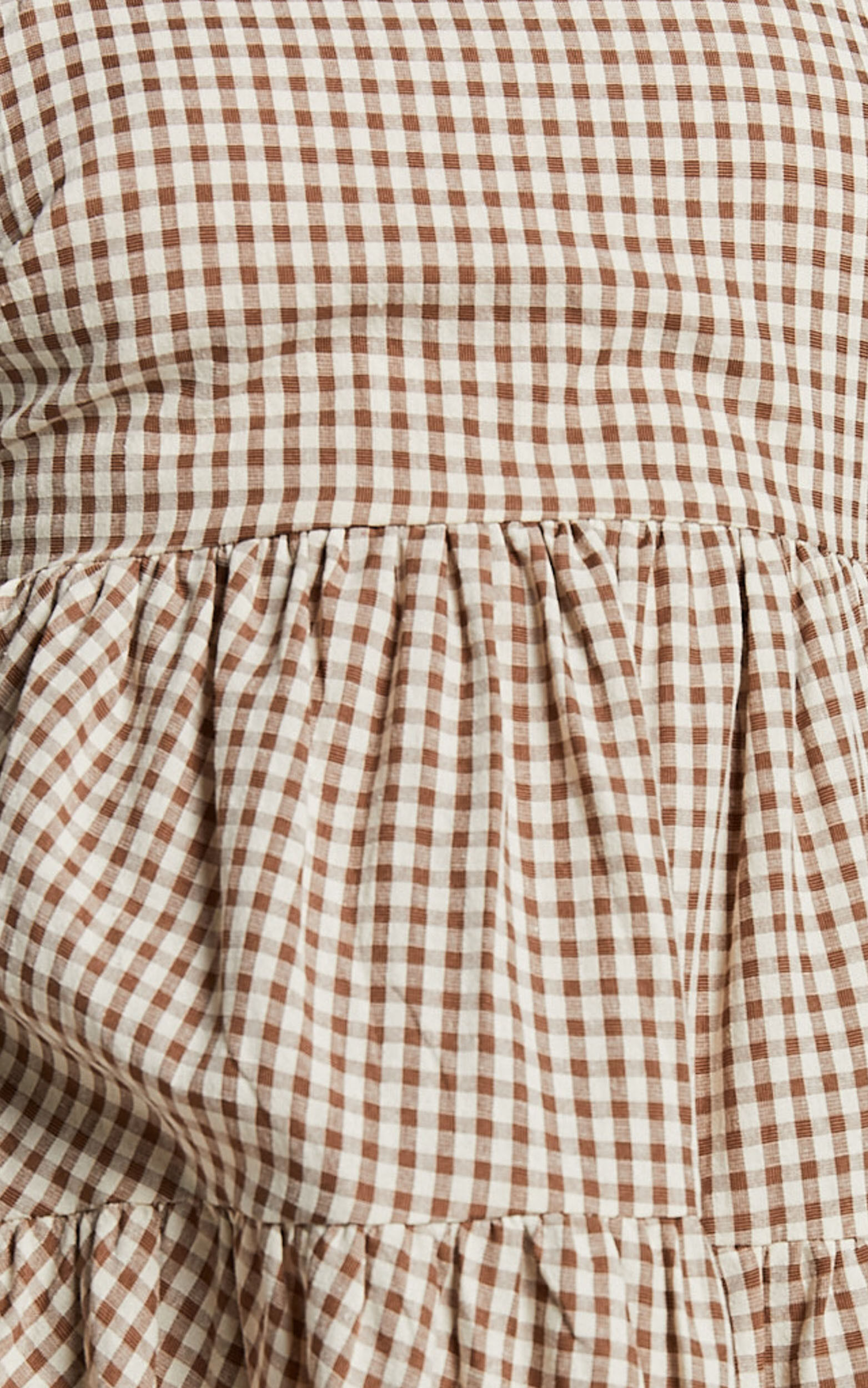 Lorelle Mini Dress - Straight Neck Tiered Dress in Brown Check Gingham