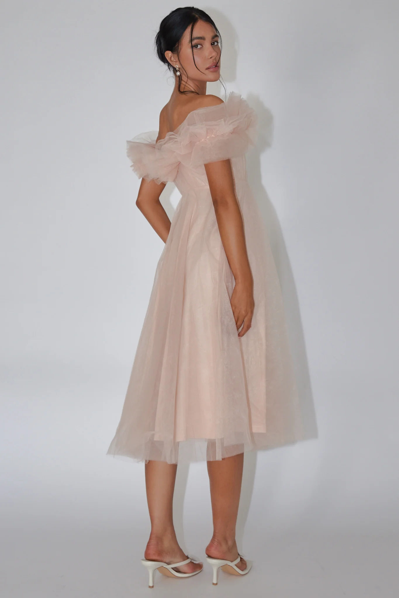 May Rose Off-Shoulder Tulle Midi Dress Taupe