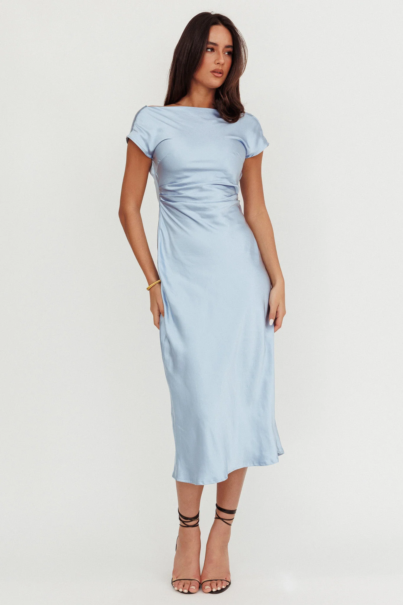 Loveland Cap Sleeve Cowl Back Midi Dress Baby Blue