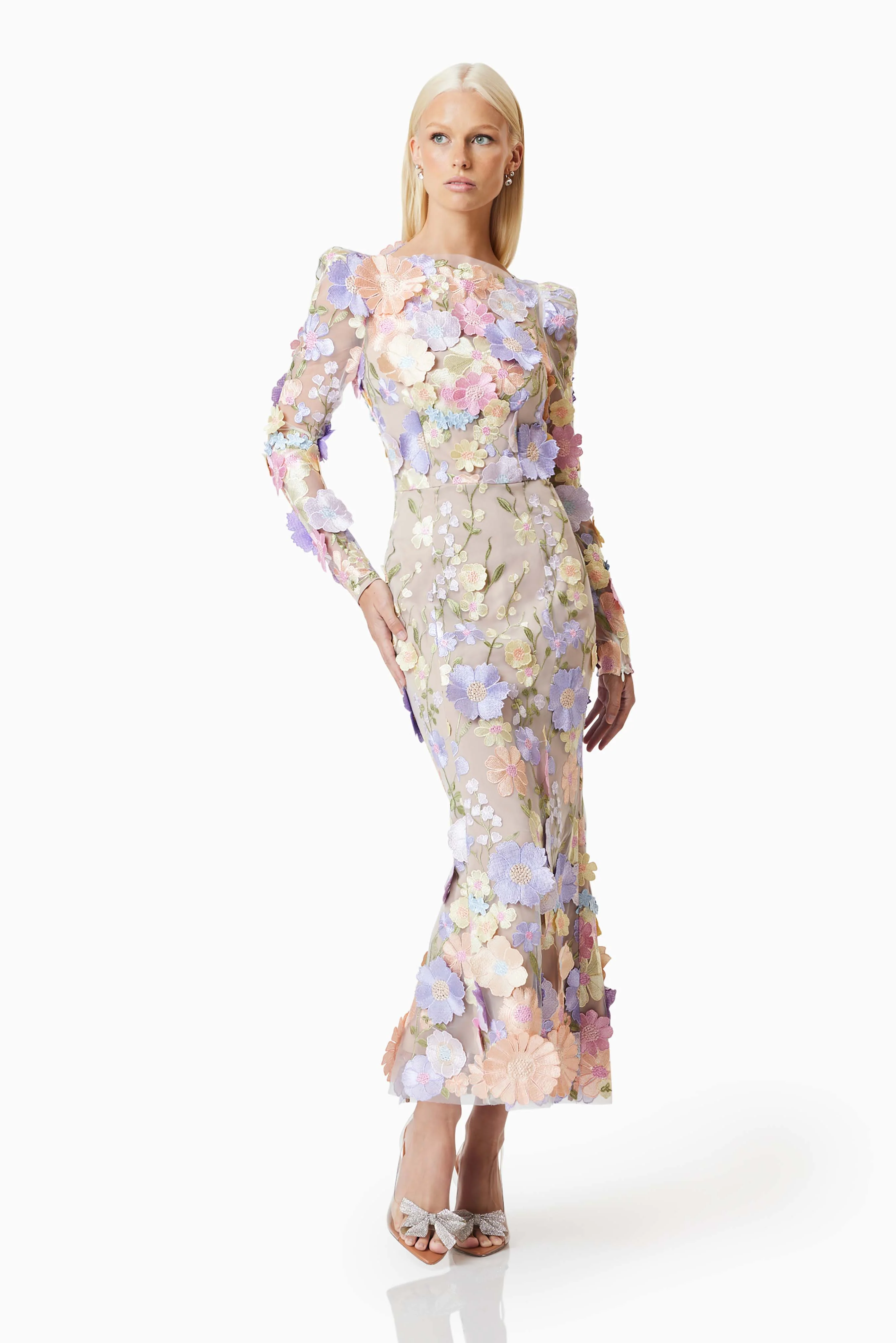Shannon 3D Floral Midi Dress In Purple