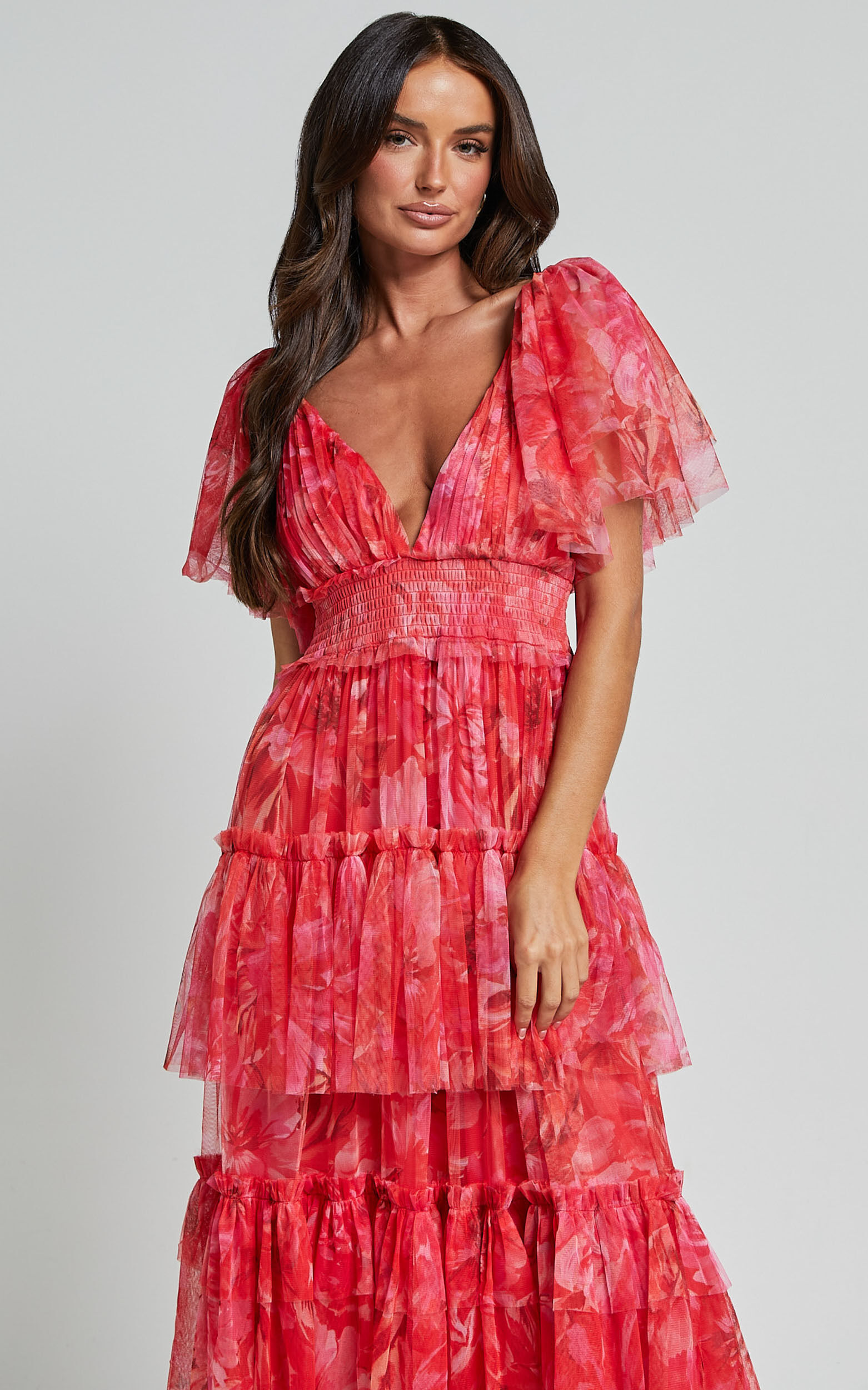 Leianna Midi Dress - Tulle Flutter Sleeve Tiered Ruffle Dress in Sunset Floral