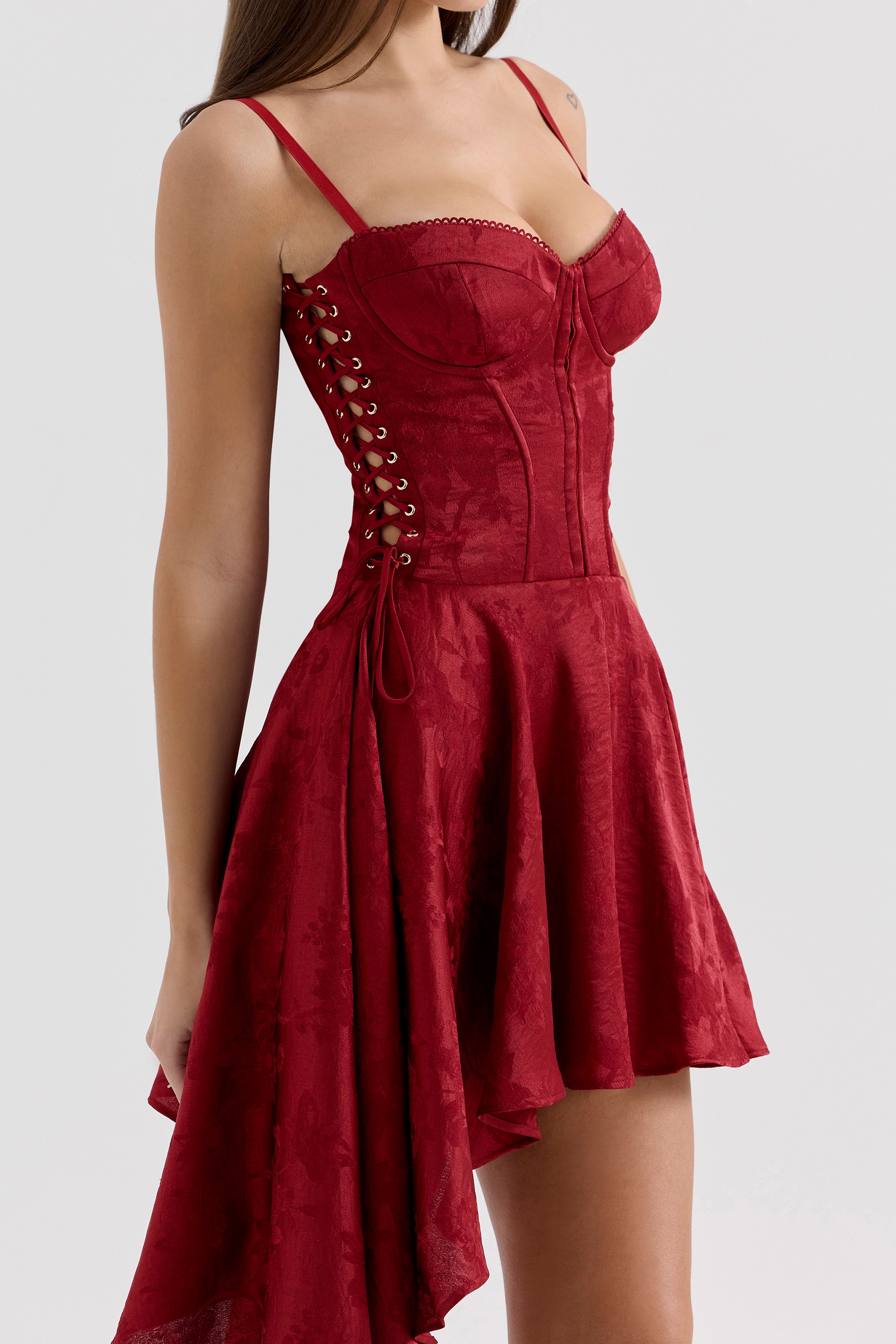 Wine Jacquard Satin Draped Mini Dress