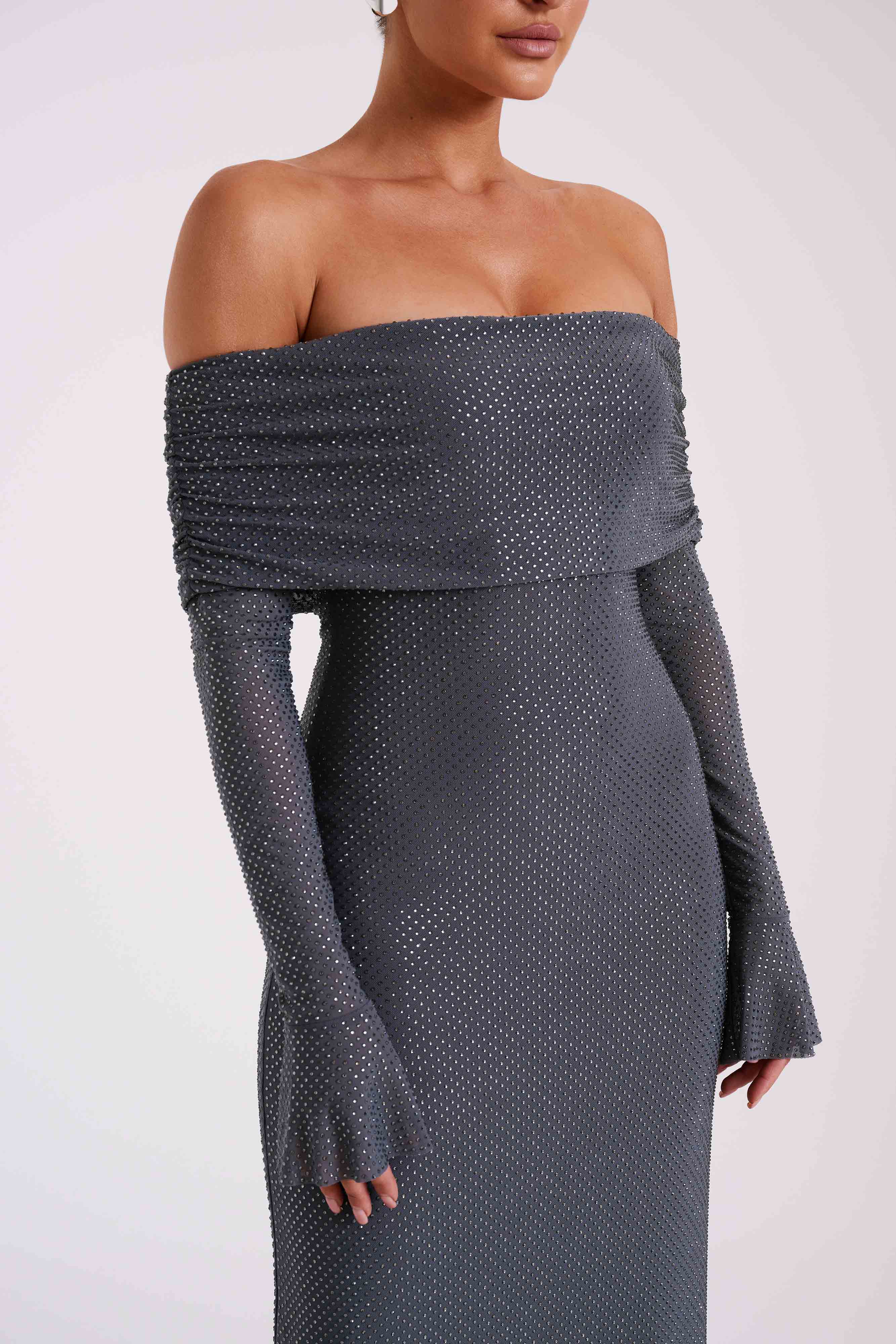 Marcel Off Shoulder Diamante Maxi Dress - Gunmetal/Chocolate
