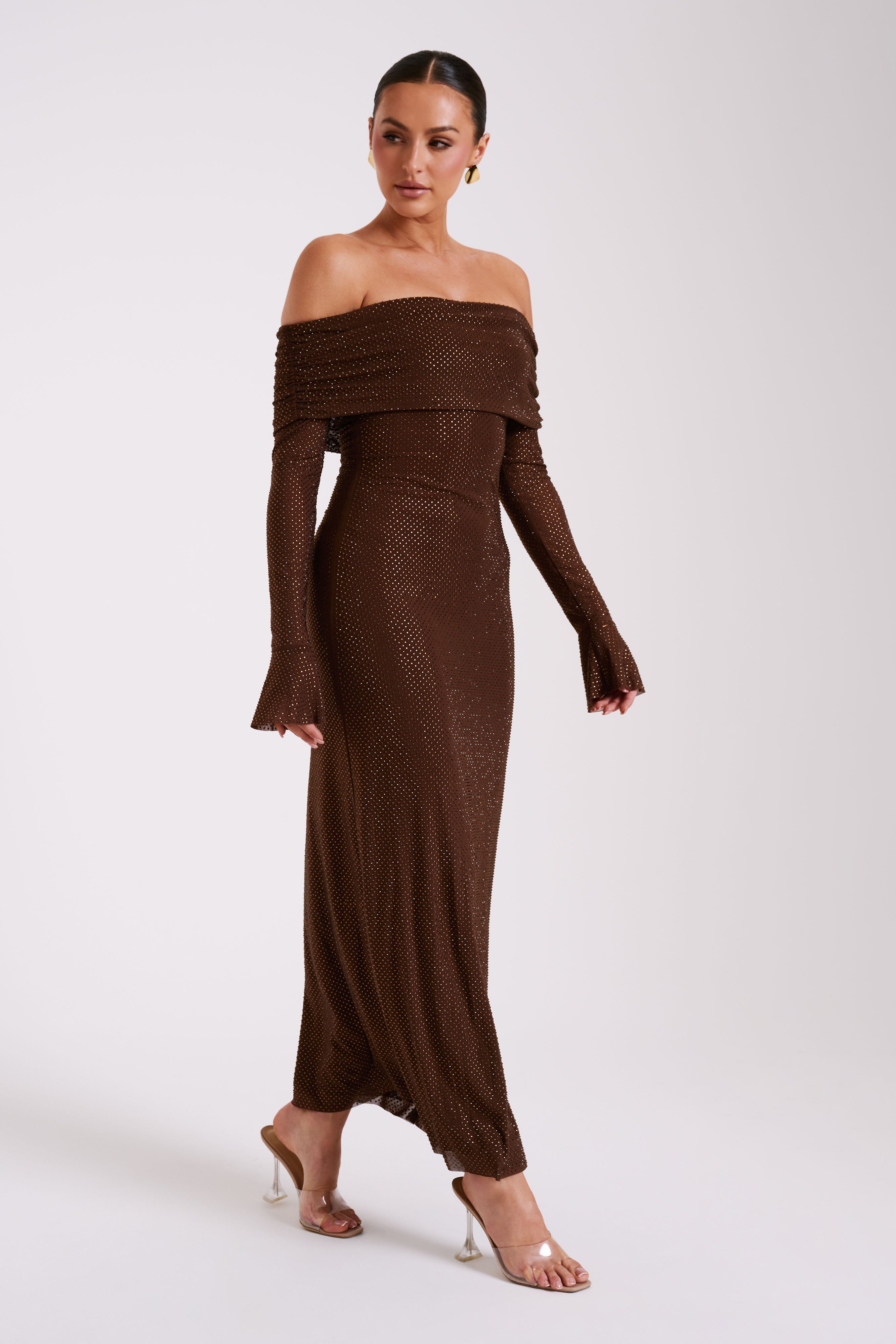 Marcel Off Shoulder Diamante Maxi Dress - Gunmetal/Chocolate