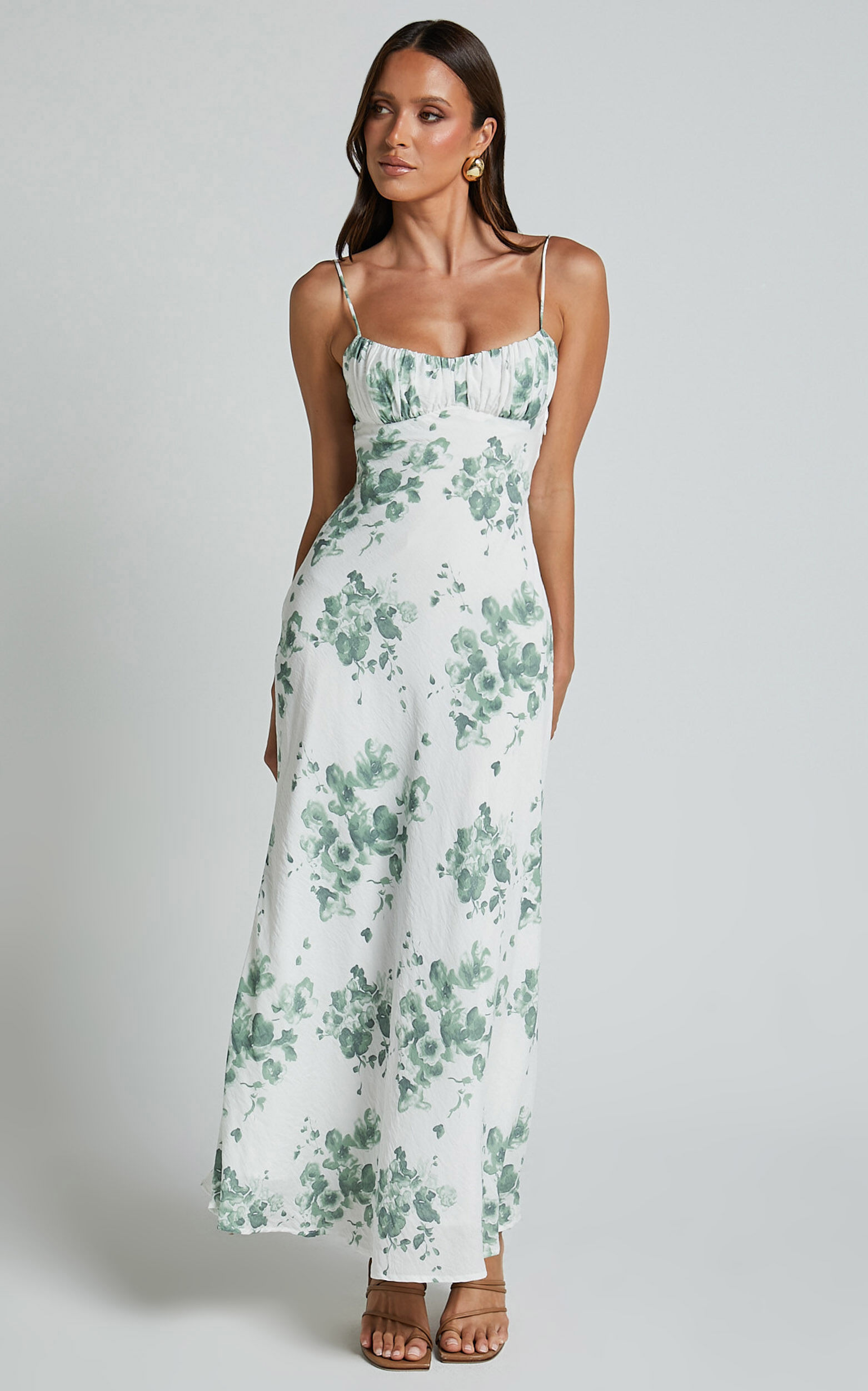 Bettina Midi Dress - Strappy Ruched Bust Slip Dress in Green and White Print