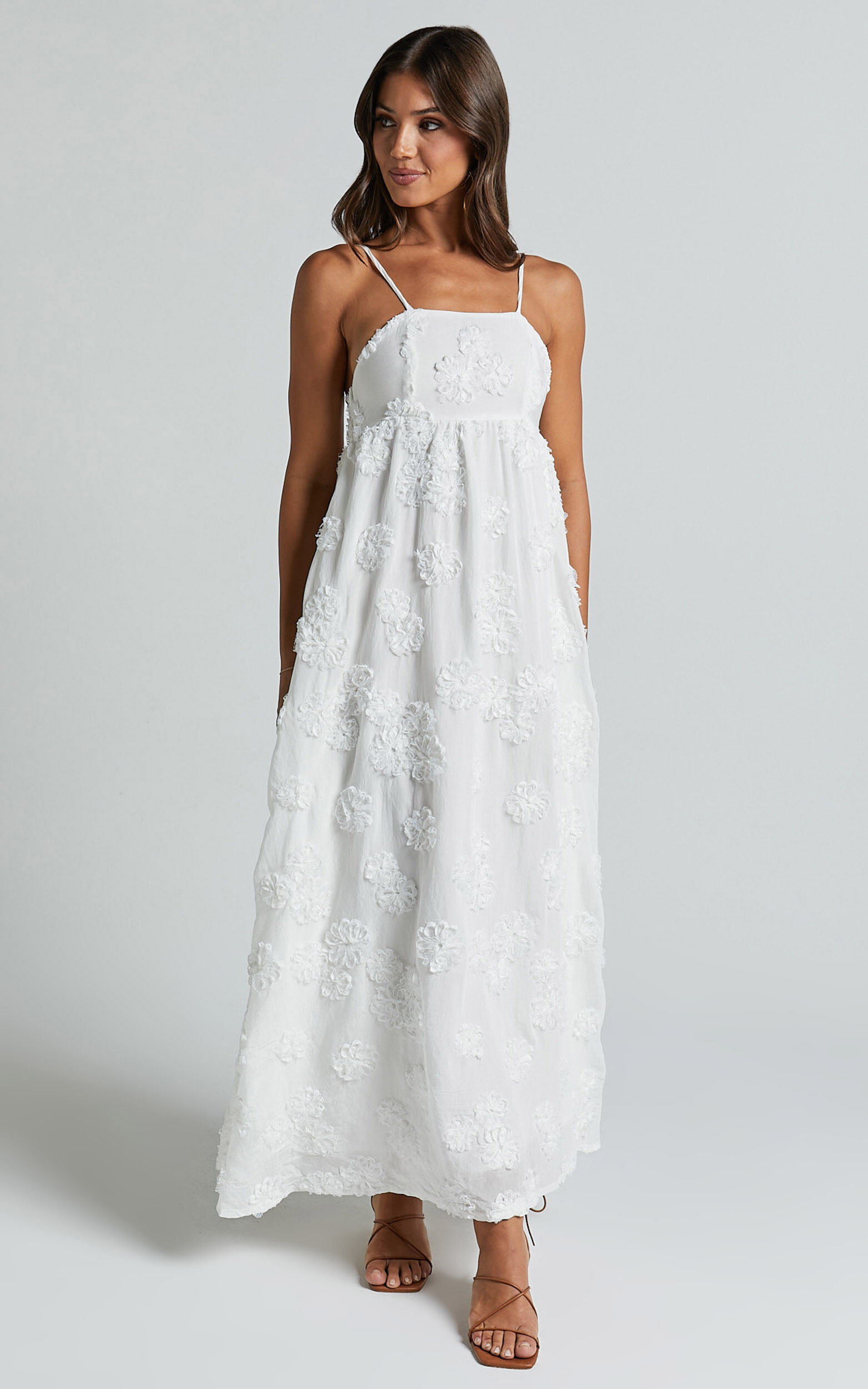 Claya Maxi Dress - Sleeveless Straight Neckline Floral Detail Dress in White Embroidery