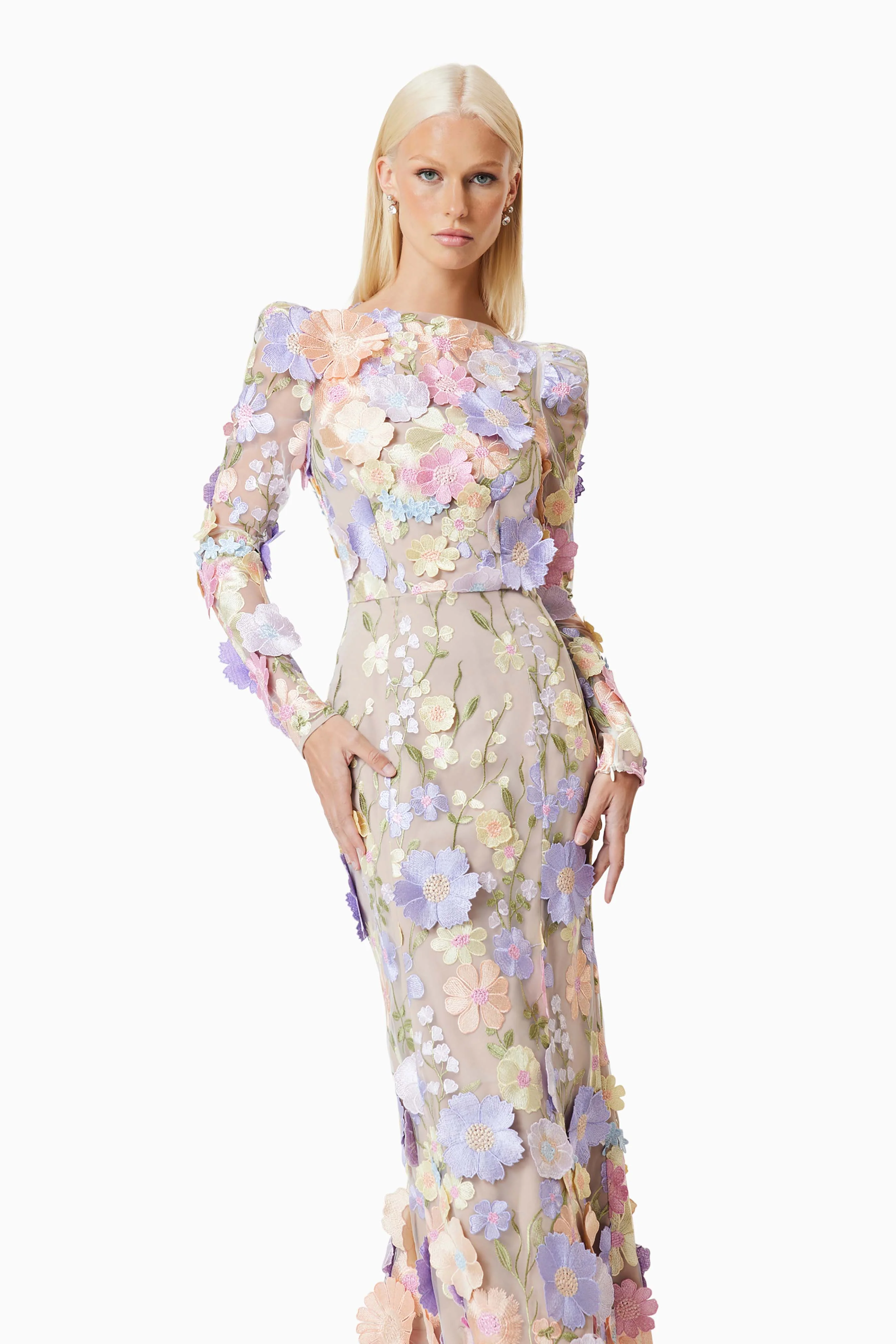 Shannon 3D Floral Midi Dress In Purple