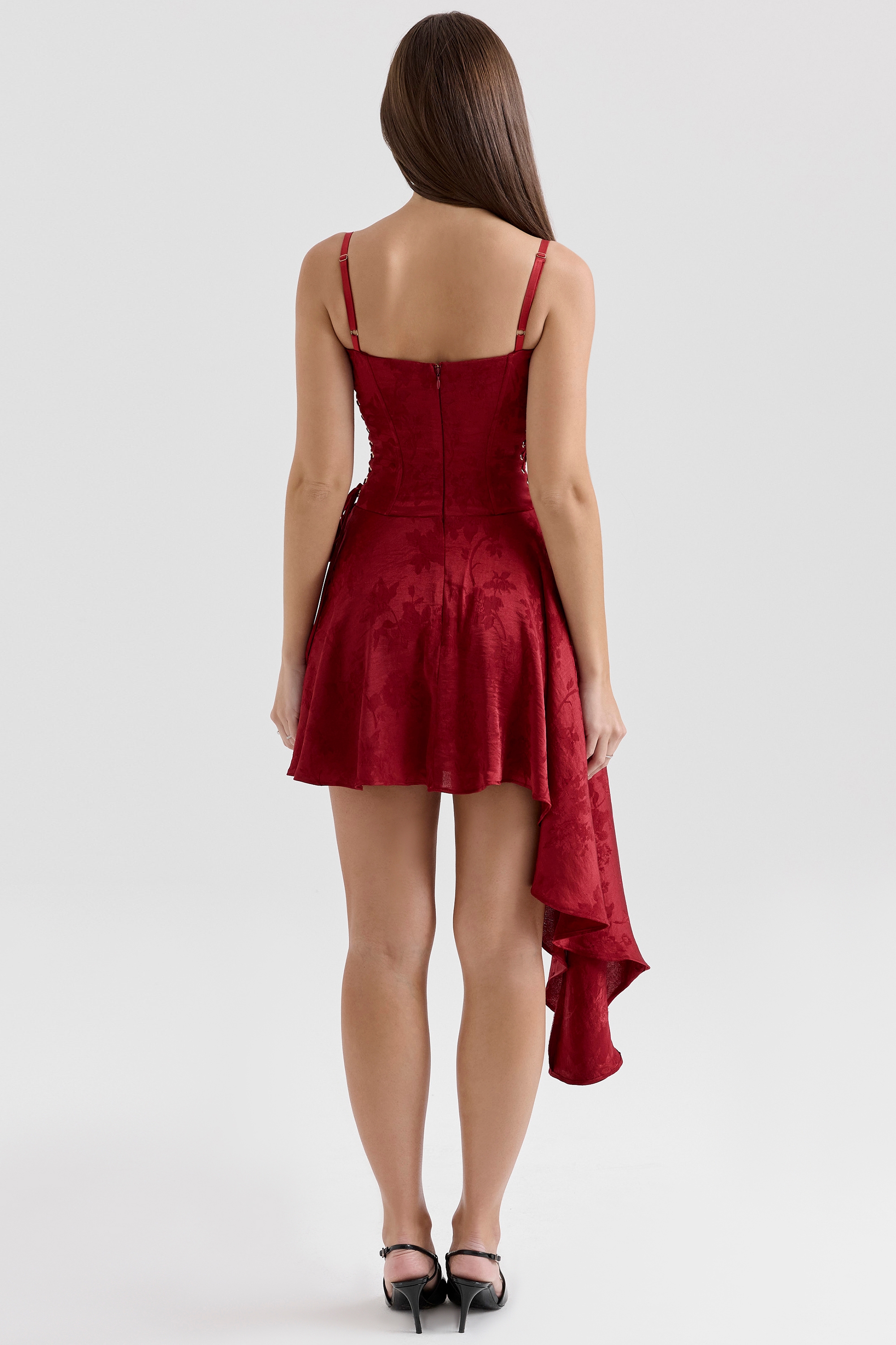 Wine Jacquard Satin Draped Mini Dress