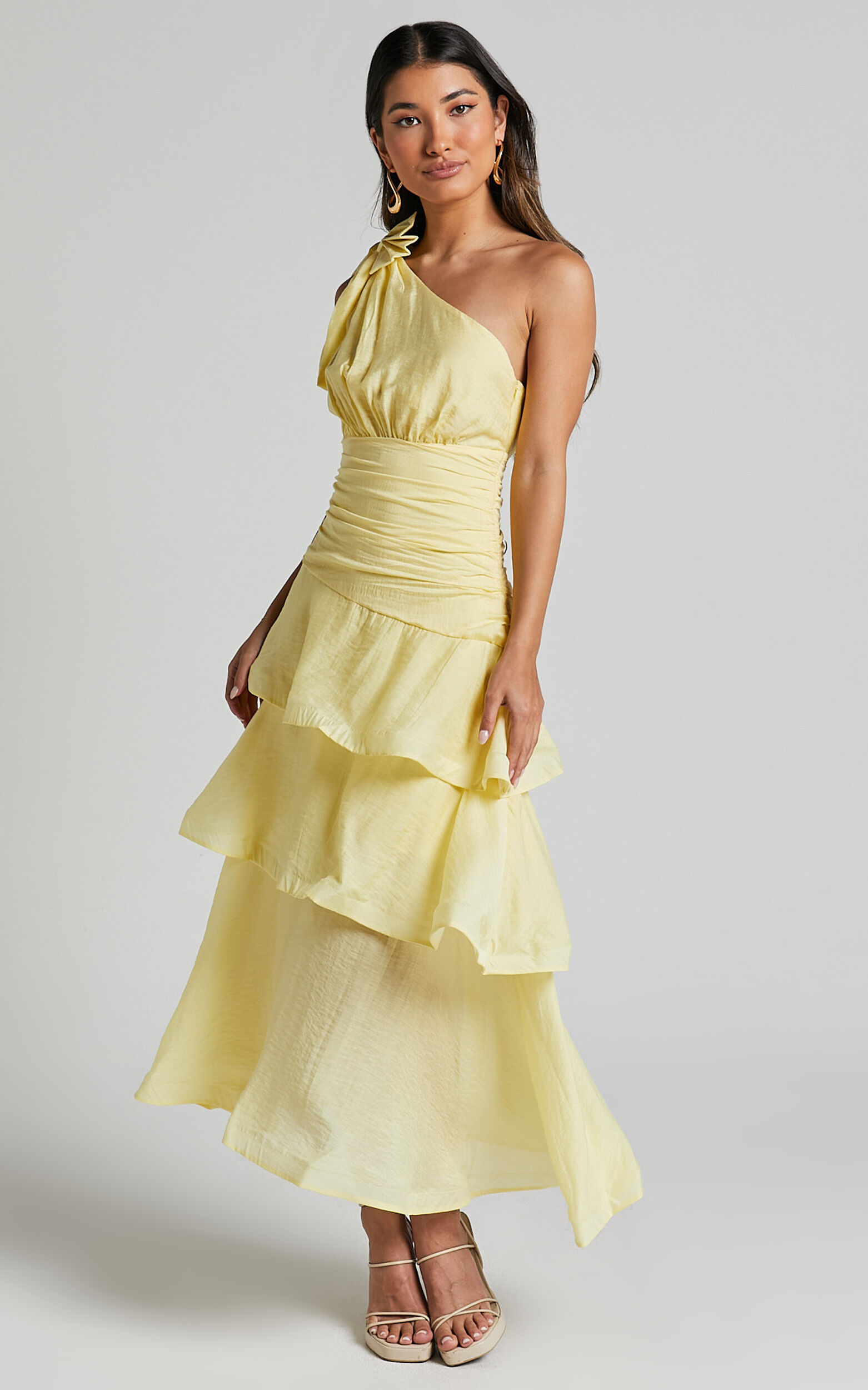 Eugenia Midi Dress - One Shoulder Fit and Flare Layered Dress in Yellow