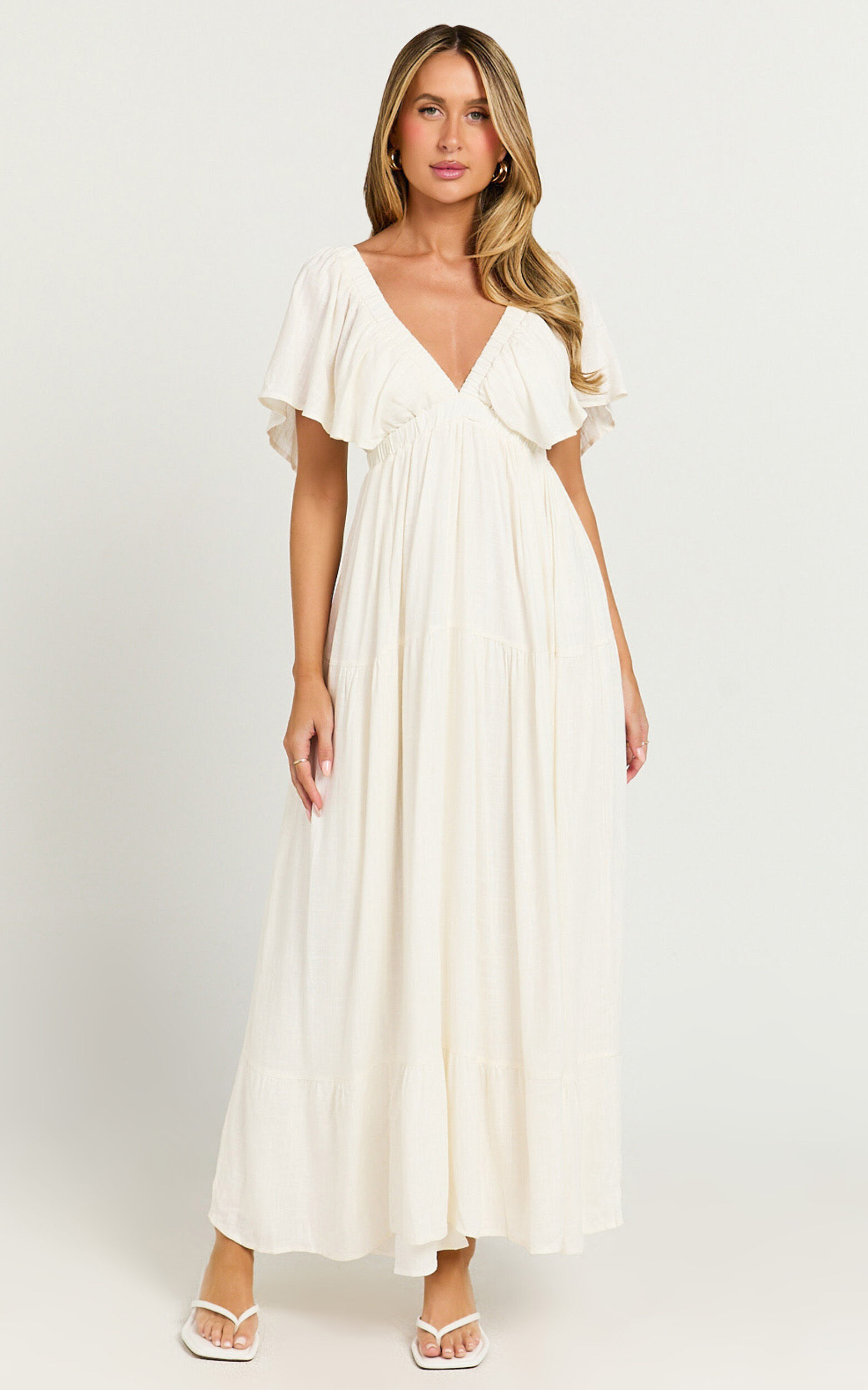 Lyrad Midi Dress - Linen Empire Waist Textured Dress in White