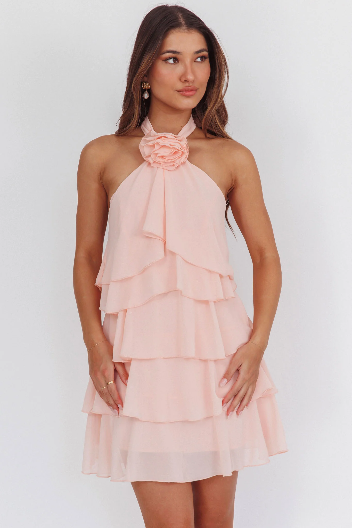 Southern Belles Halterneck Ruffle Mini Dress Pink