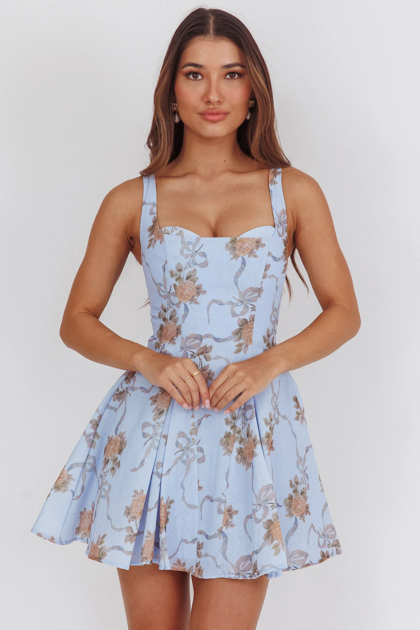 Get My Attention Basque Waist Mini Dress Floral Blue