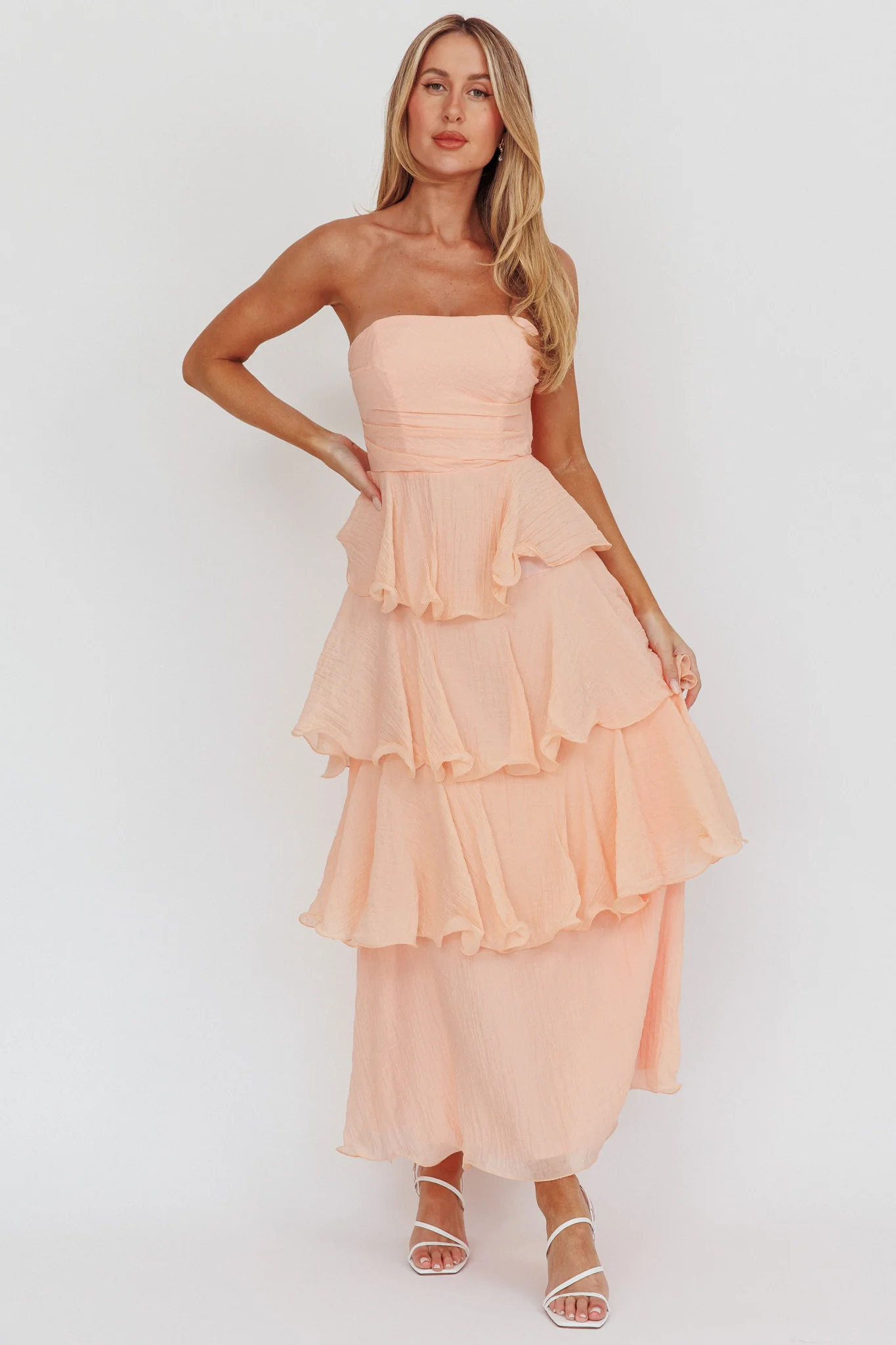 Giavana Strapless Layered Ruffles Midi Dress Blush